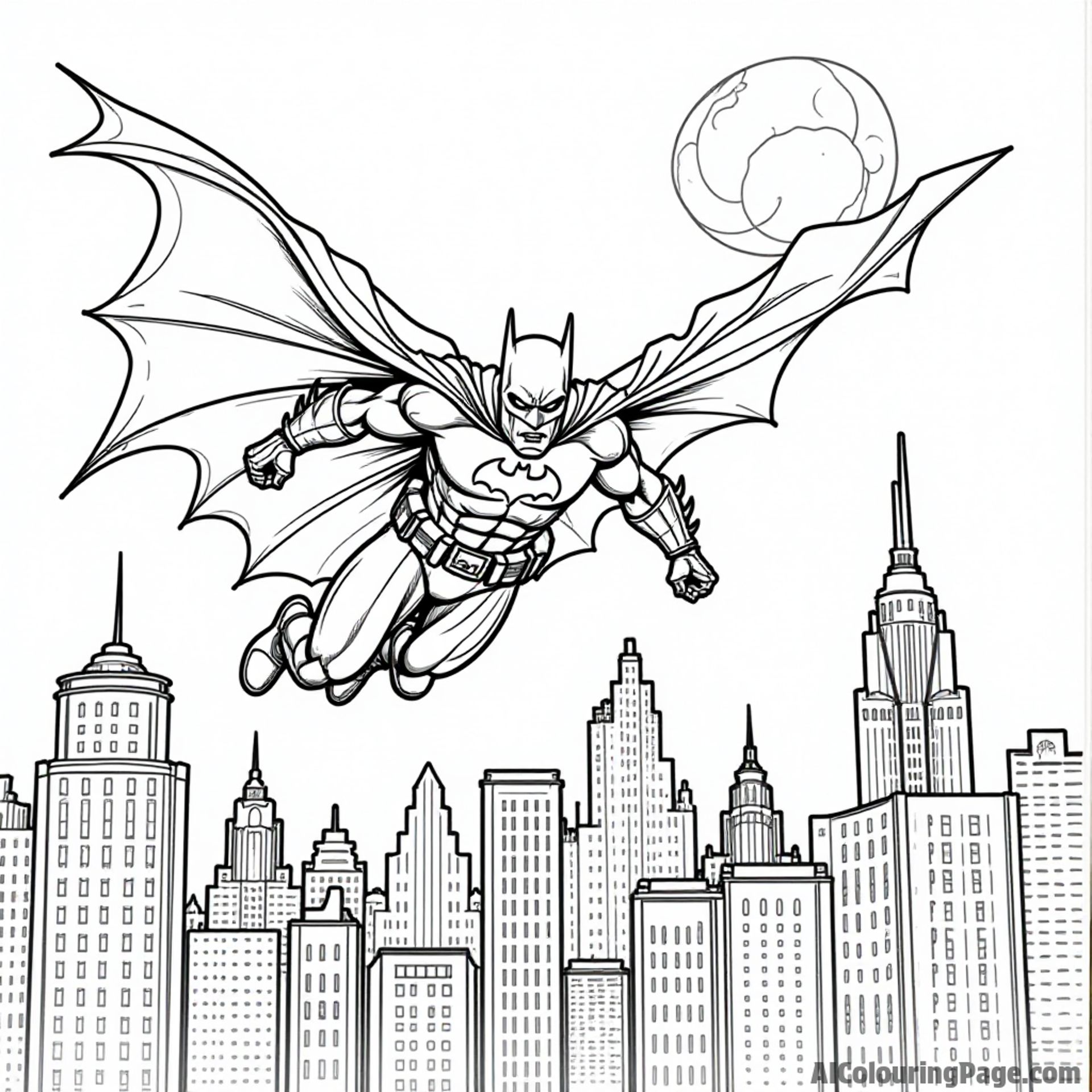 Batman flying over Gotham City with the Bat-Signal shining brightly in the night sky and a full moon above.