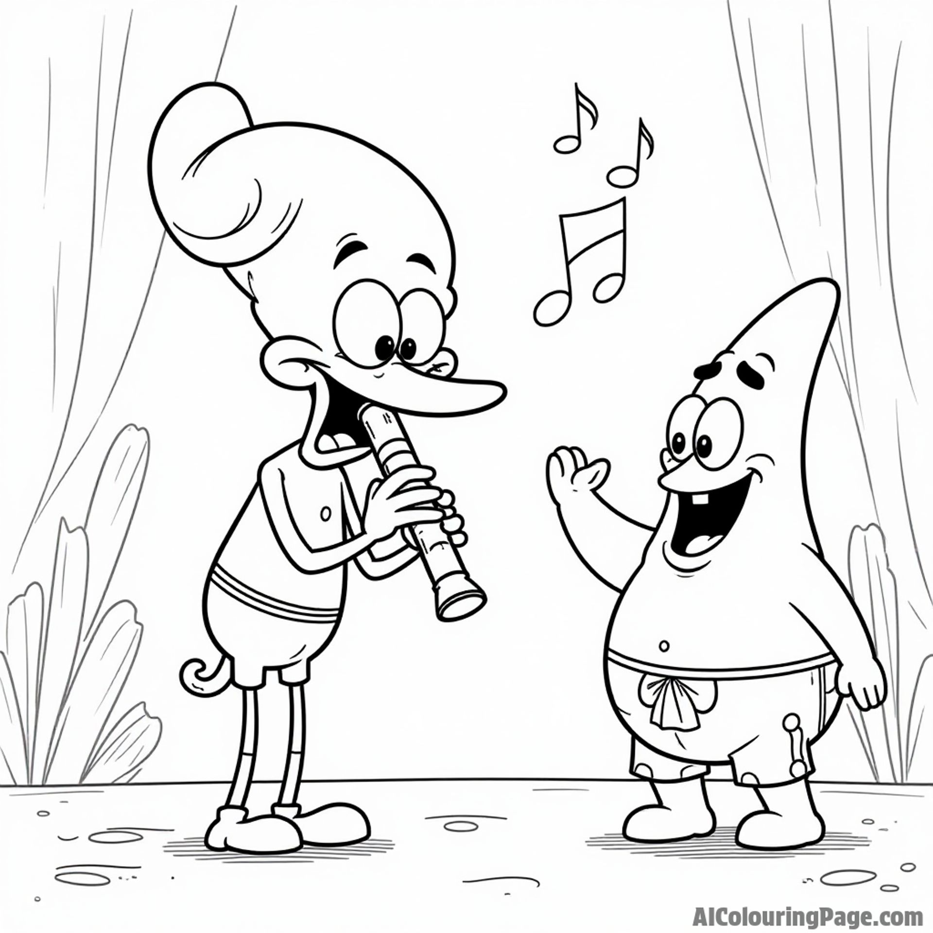 Squidward playing his clarinet on stage while SpongeBob and Patrick cheer him on with musical notes floating around