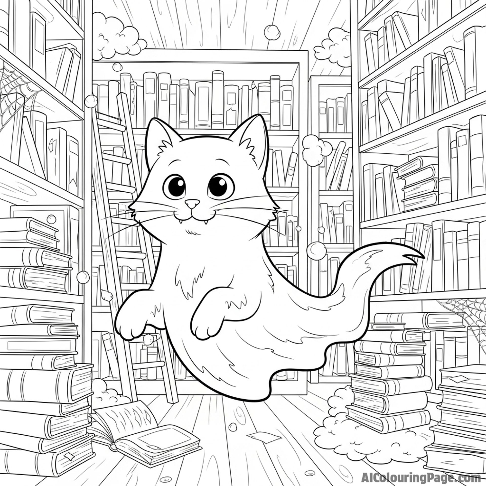 A ghost-like, translucent cat haunting an old, dusty library.