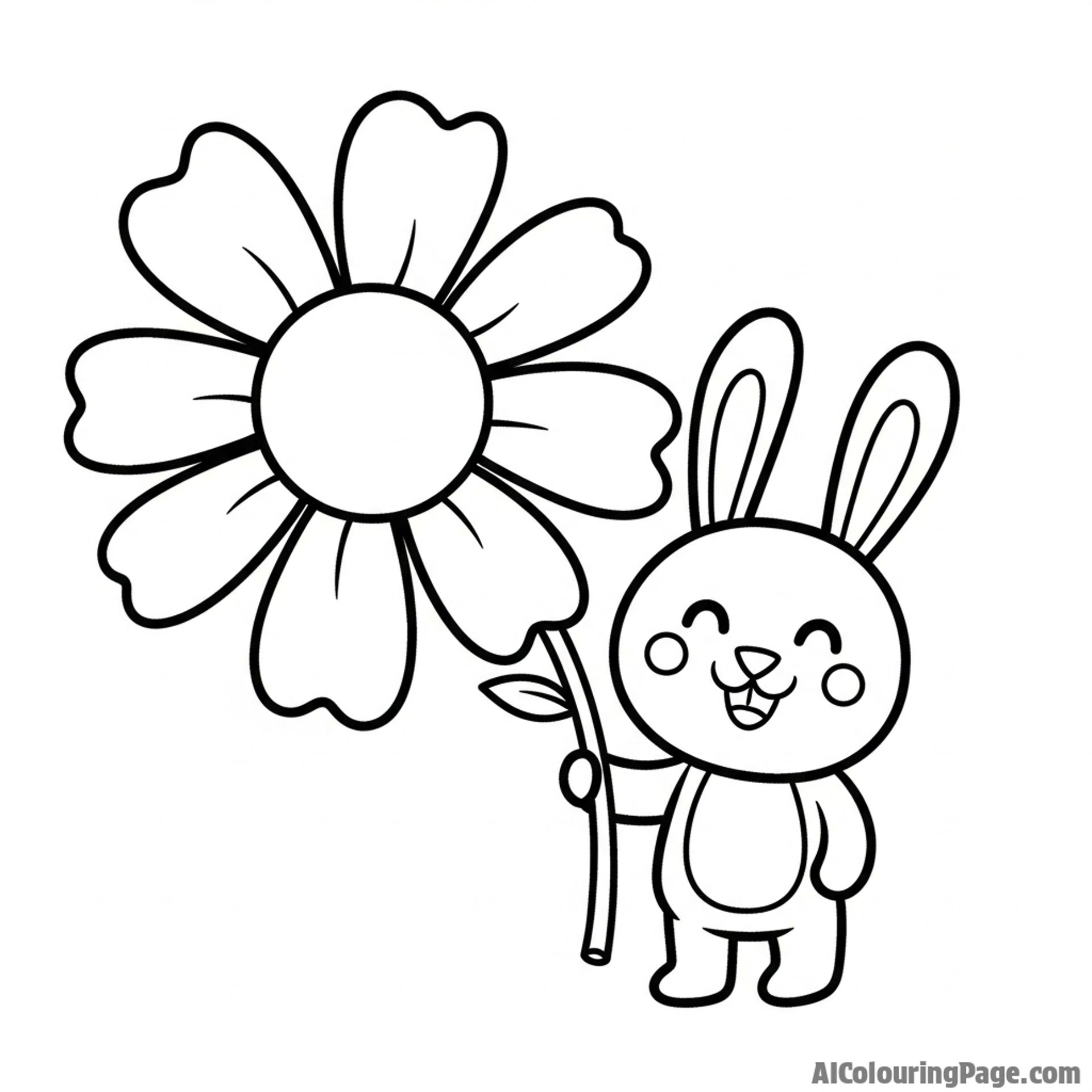 A child's crayon drawing of a smiling bunny holding a disproportionately large flower.