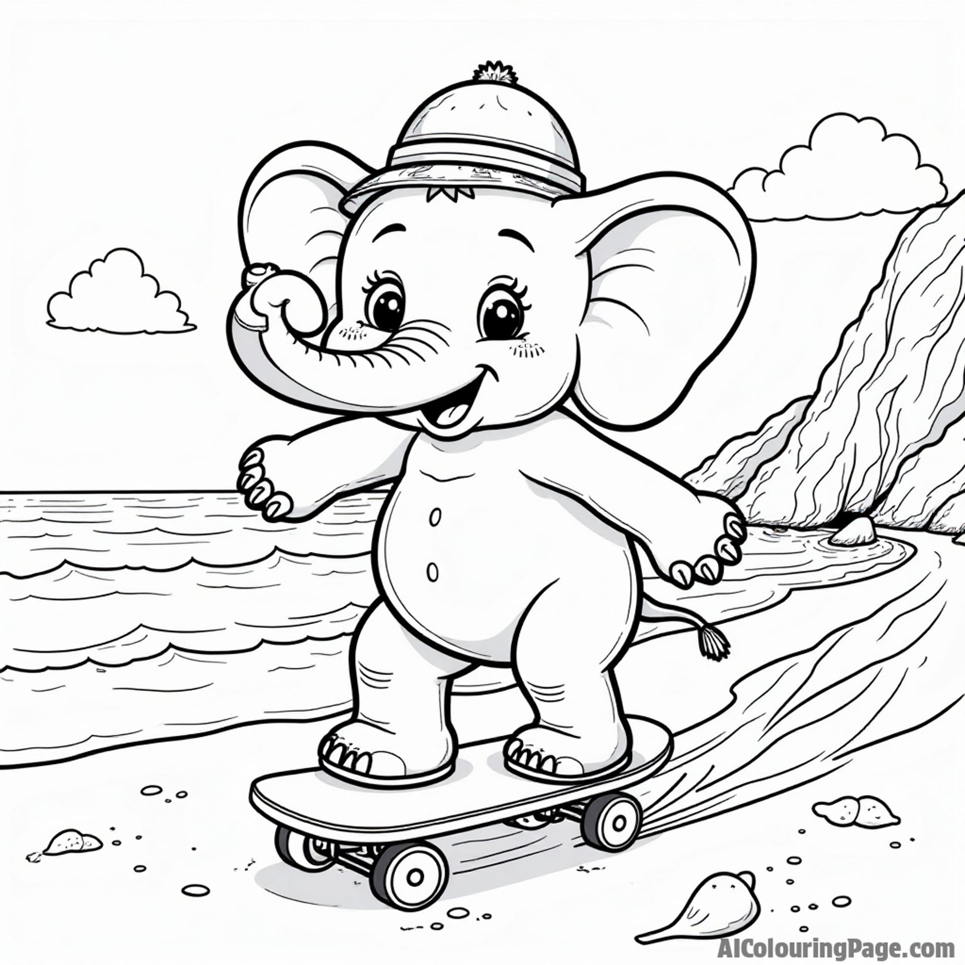 A cute elephant skateboarding on a beach, with waves crashing in the background and a sun hat on its head, creating a joyful scene for children to color and enjoy.