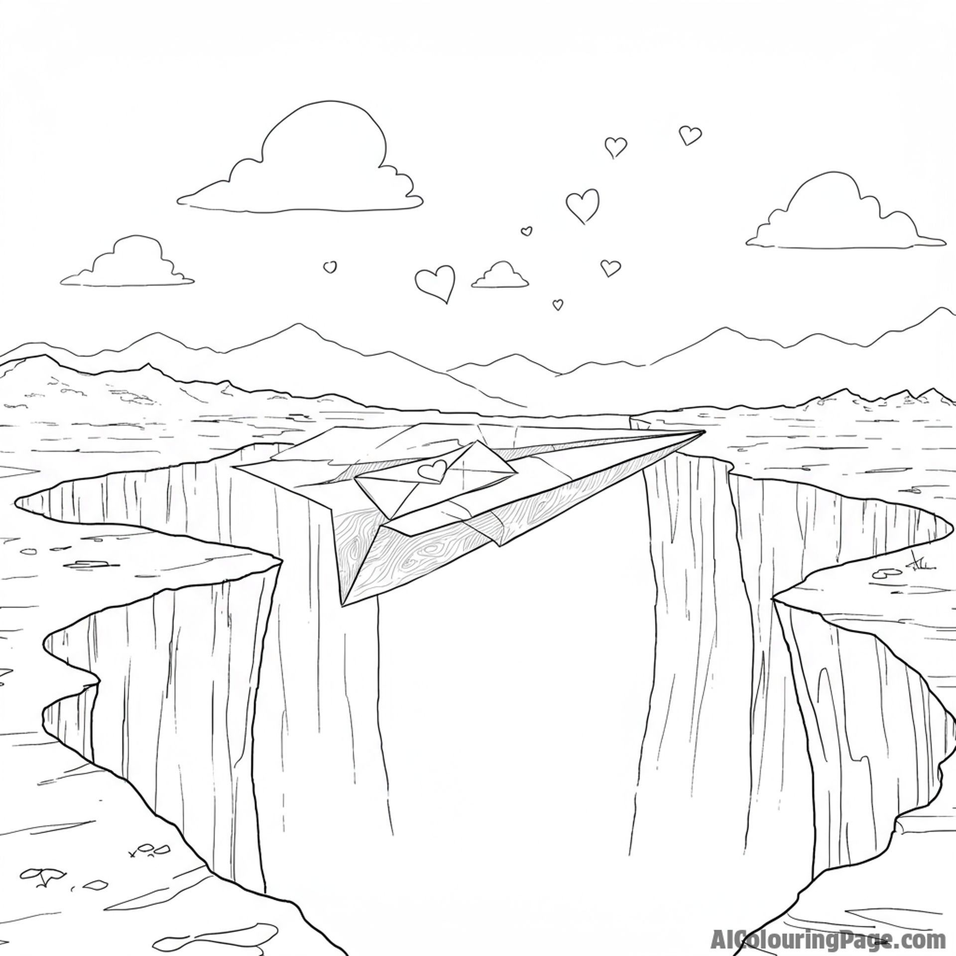 A paper airplane carrying a love letter across a canyon.