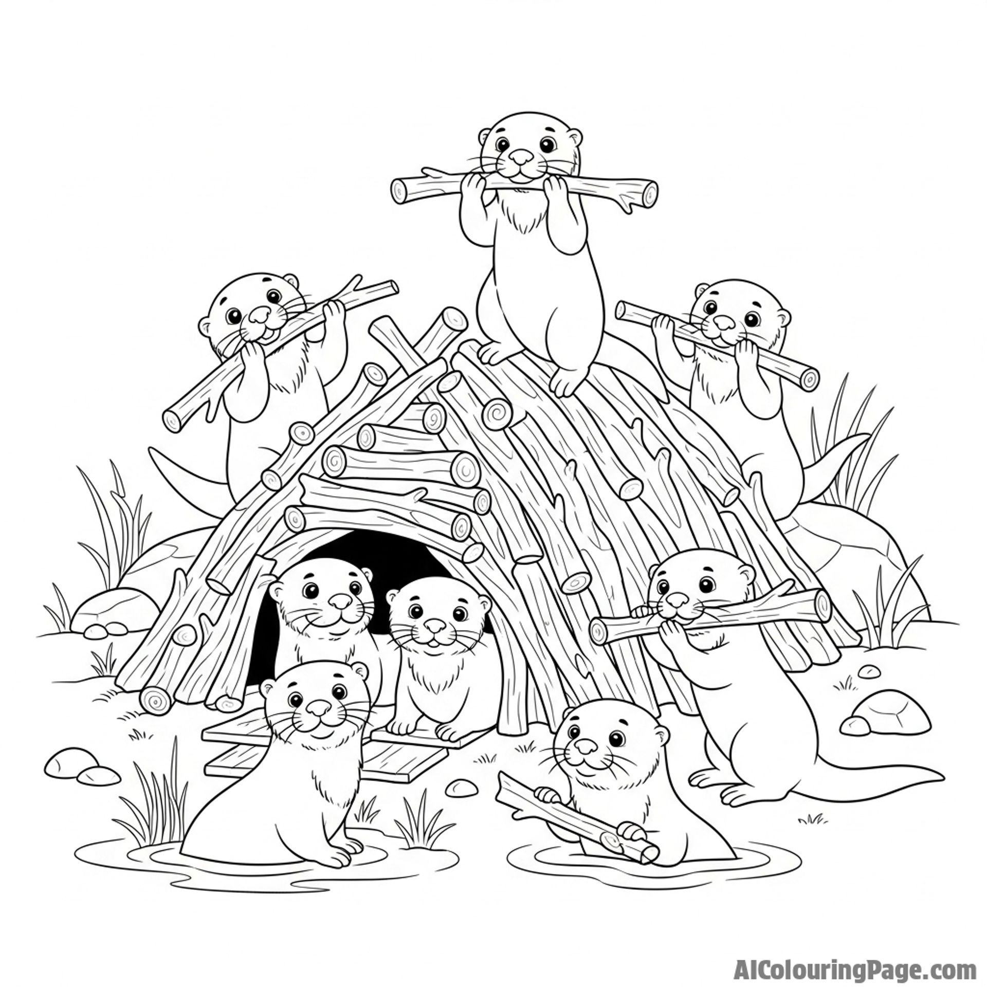 A community of otters working together, building their holt with sticks.