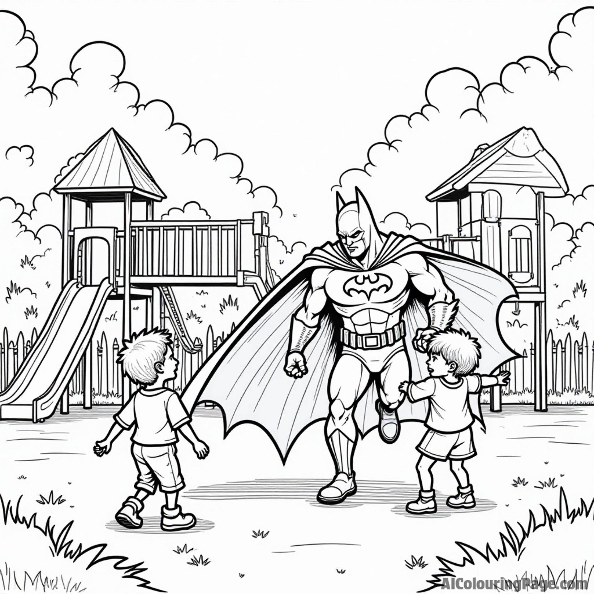 Batman playing hide-and-seek with kids in a colorful playground filled with slides, swings, and climbing structures.