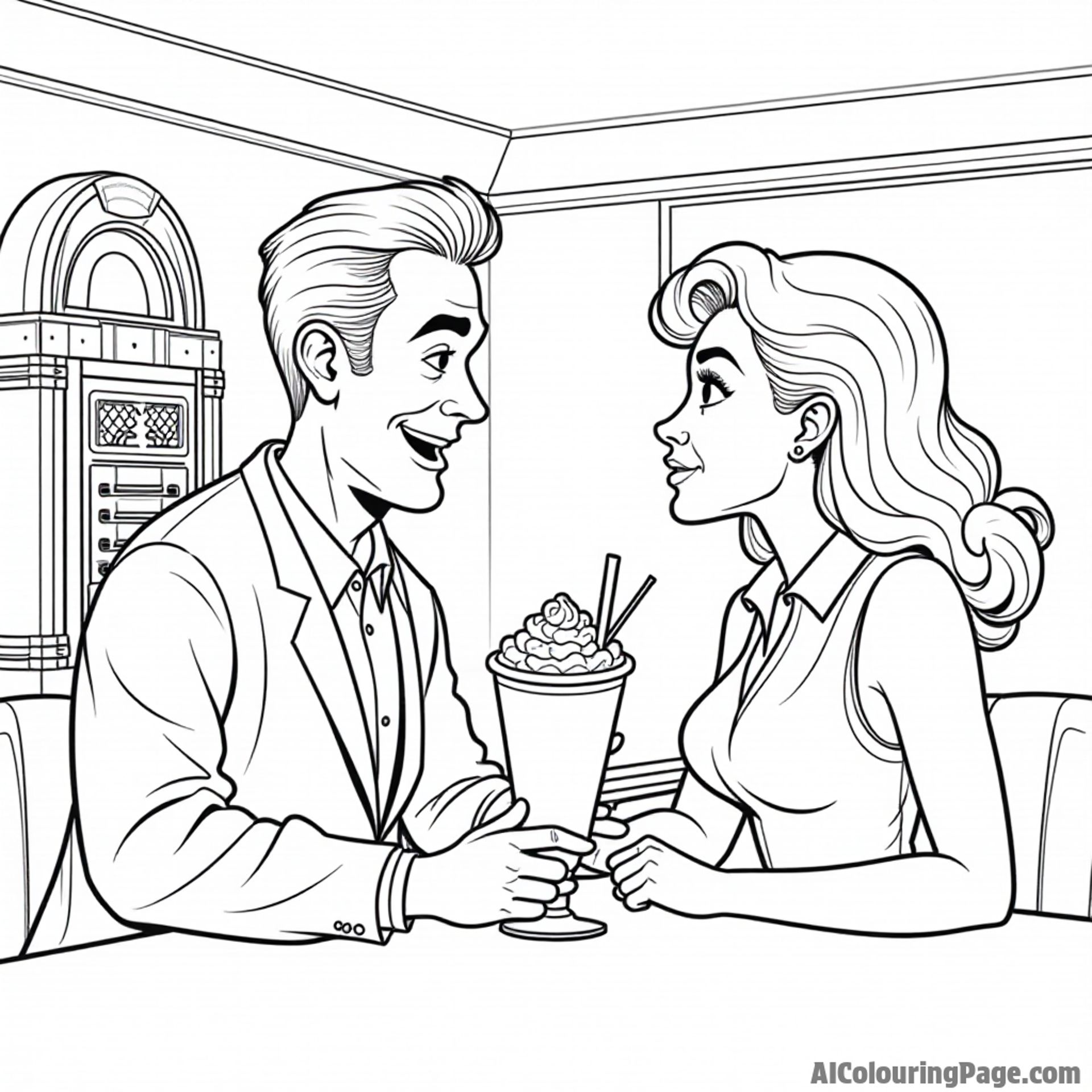 Johnny Bravo trying to impress a girl at a diner with a milkshake and jukebox