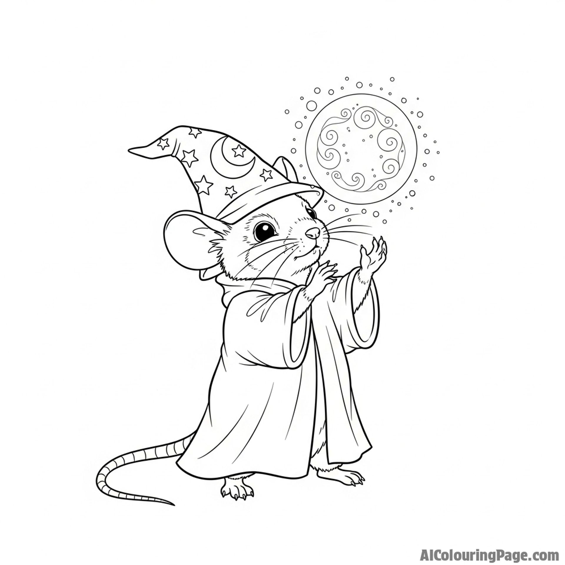 A fantasy scene of a mouse sorcerer conjuring a glowing orb between its paws.