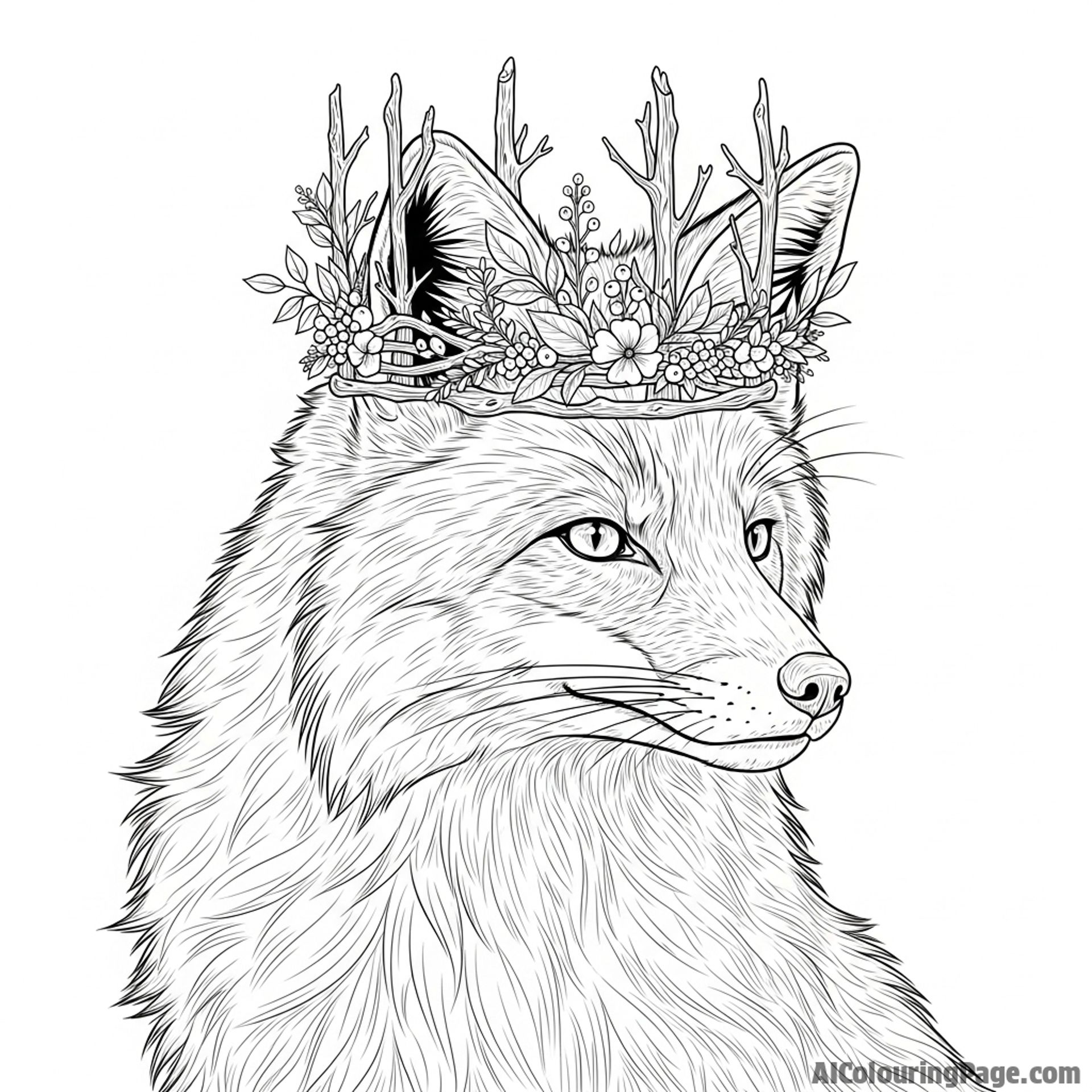A majestic fox wearing a crown of gnarled twigs and delicate forest flora.