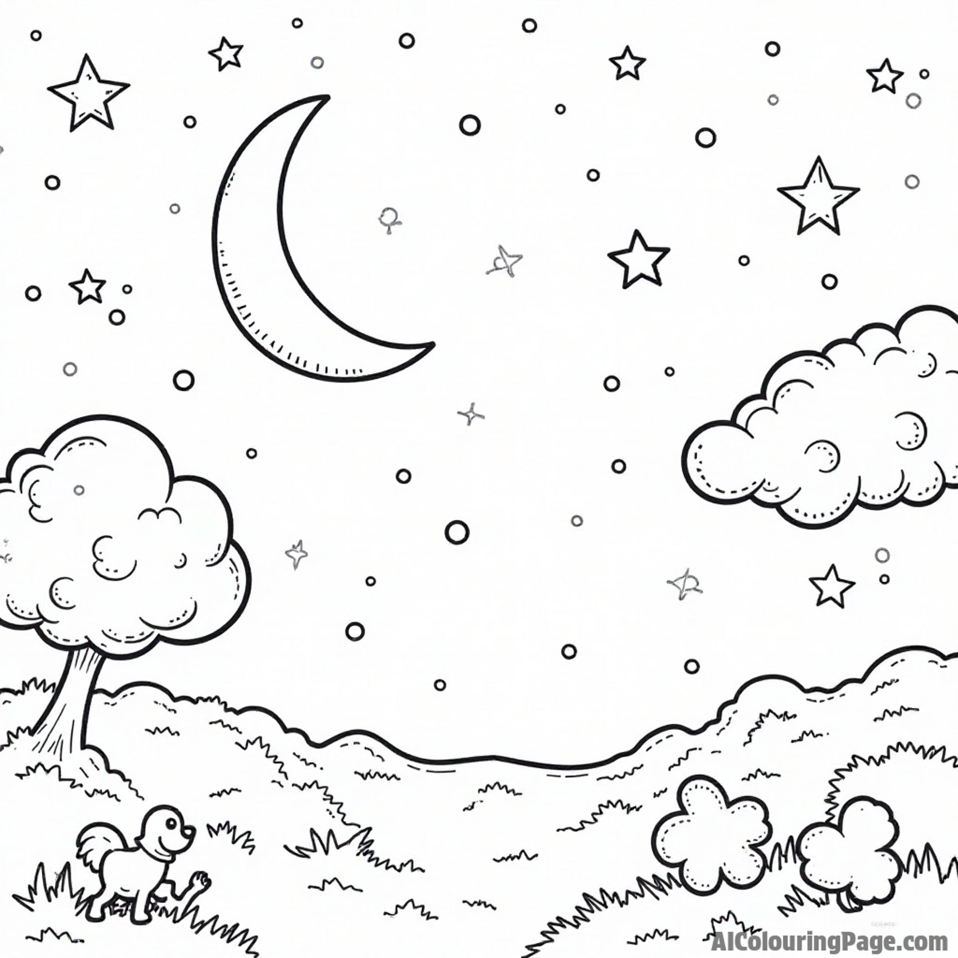 A magical nighttime scene with candy stars, a moon made of marshmallow, and cotton candy clouds for imaginative coloring fun.