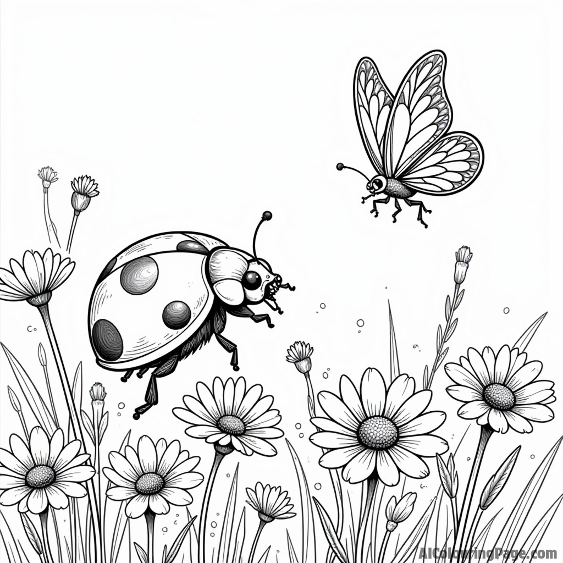 A ladybug chasing a tiny butterfly through a field of daisies, with a clear blue sky in the background.