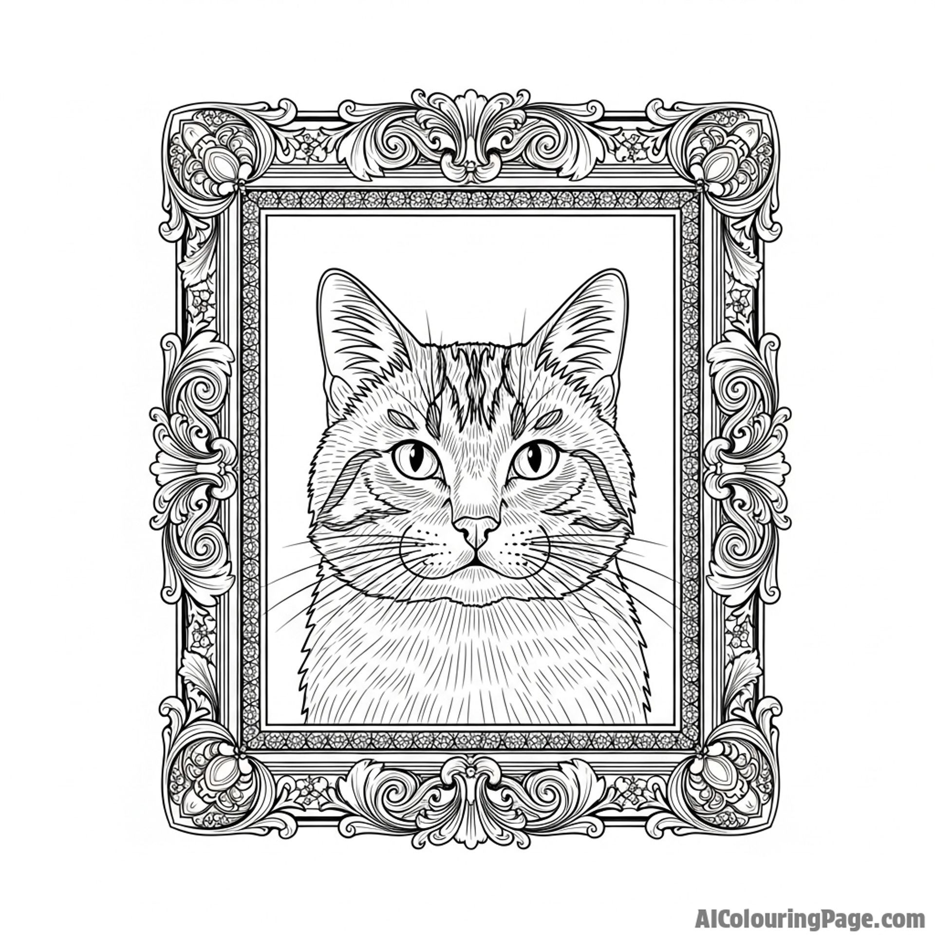 A cat's portrait in a heavy, ornate frame.