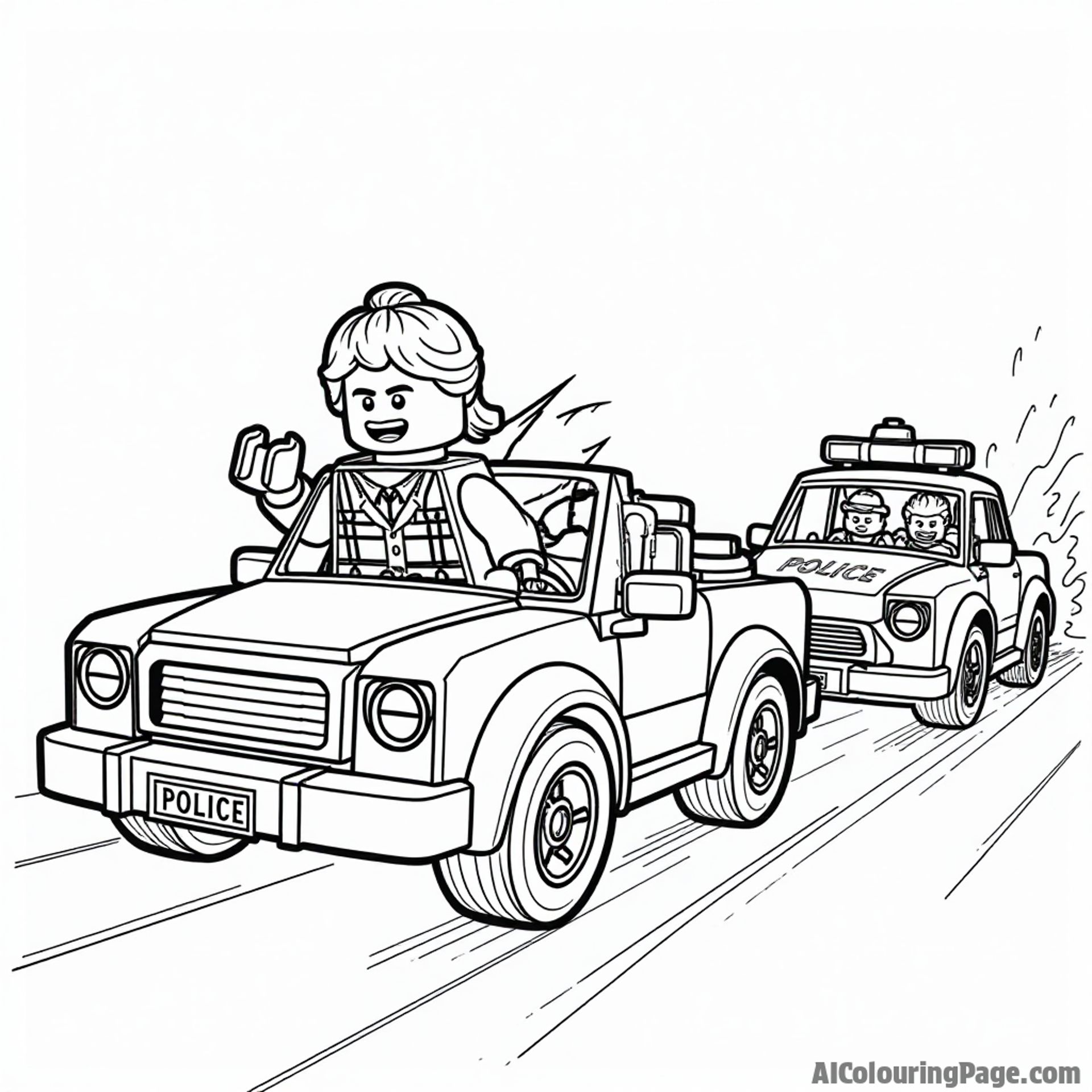 A Lego police chase with a Lego villain escaping in a car, while a police car follows closely, creating an action-packed coloring page for children.