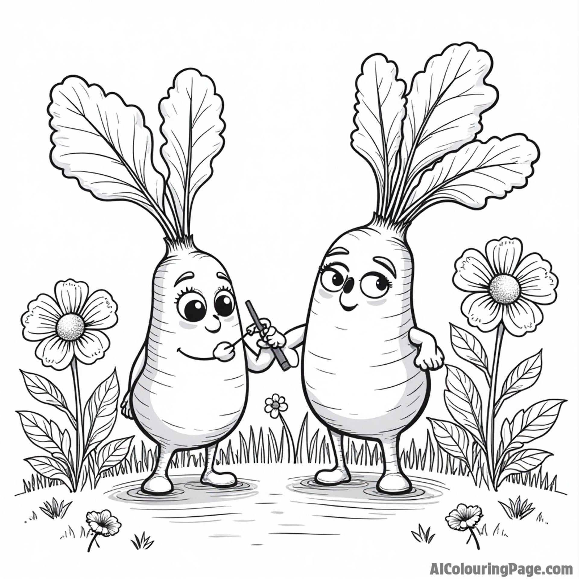A happy radish painting colorful flowers in a garden with other vegetables watching and enjoying the art.
