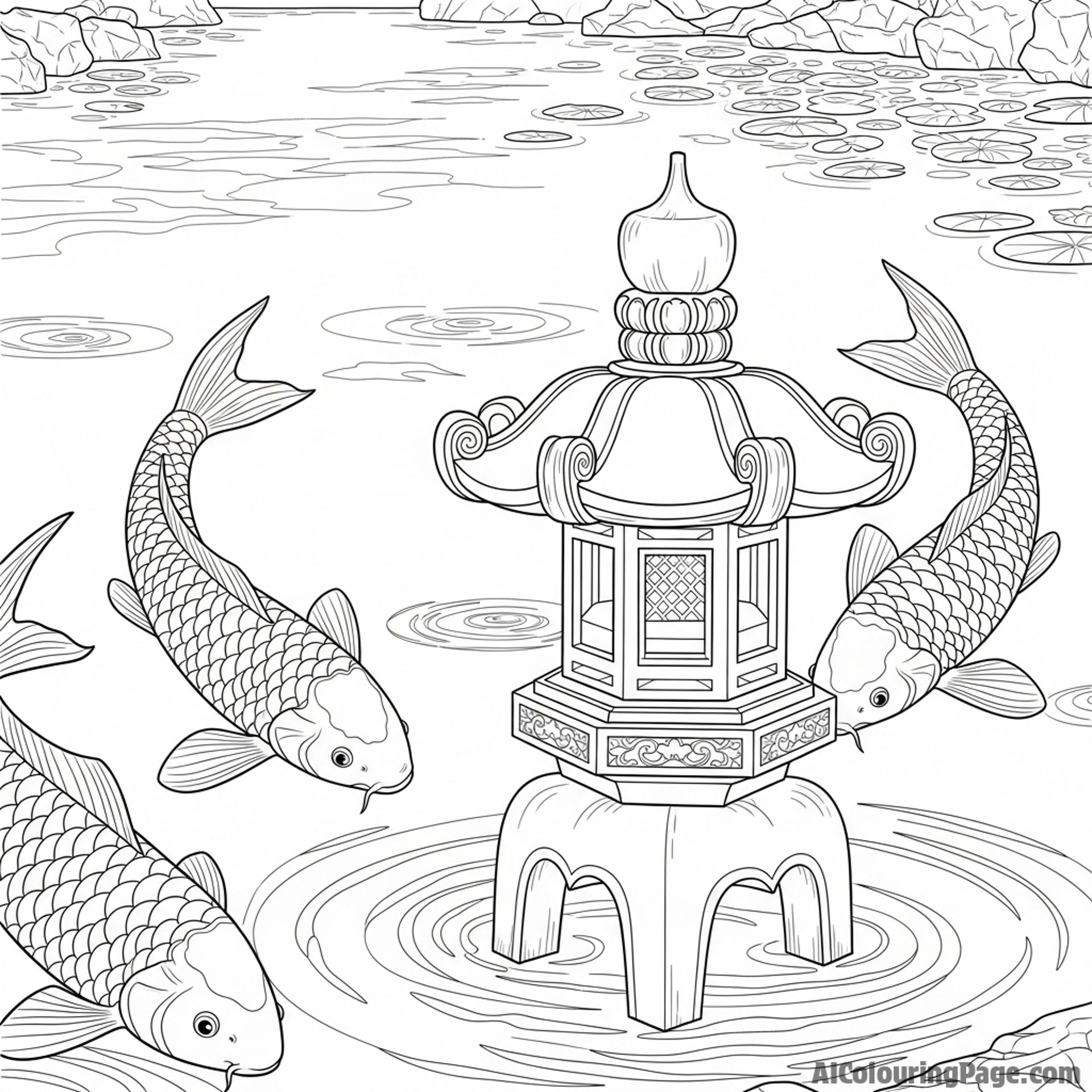 A low-angle shot from the pond’s edge, with a stone lantern in the foreground and koi swimming past.