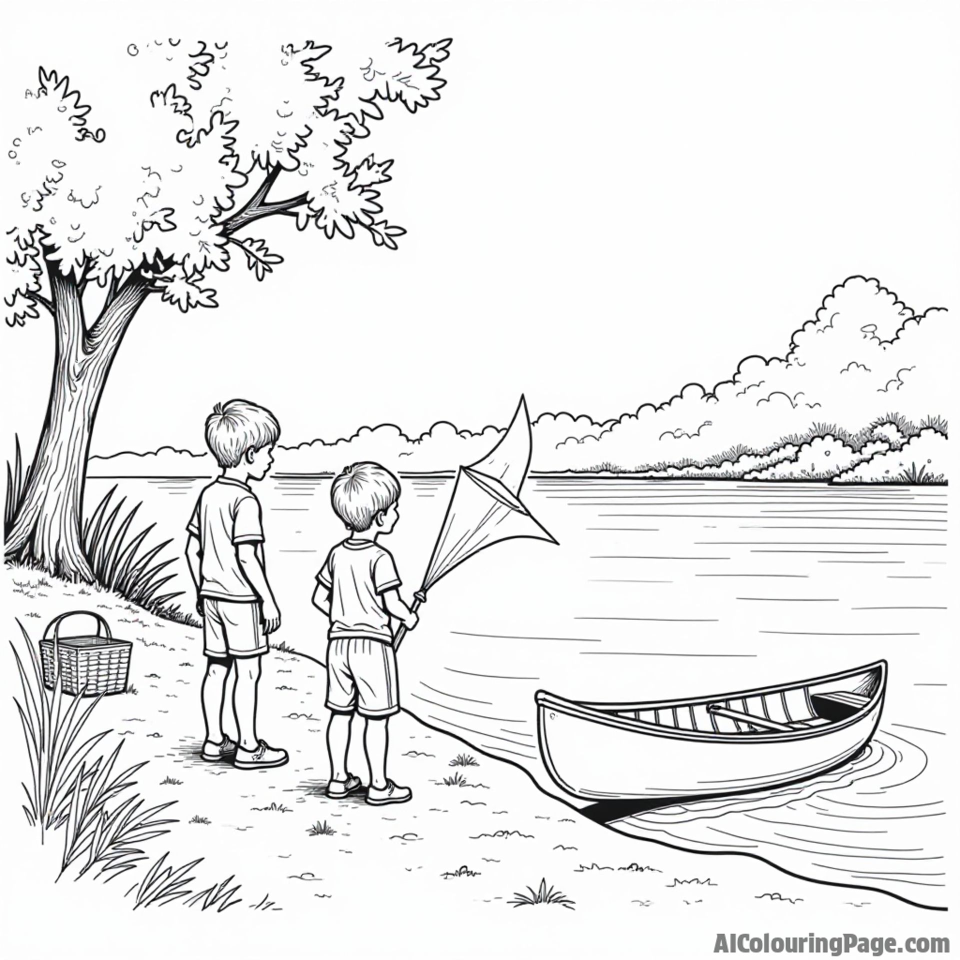 Children playing on a sandy riverbank with a picnic basket, a kite, and a canoe nearby, capturing Mississippi's outdoor spirit.