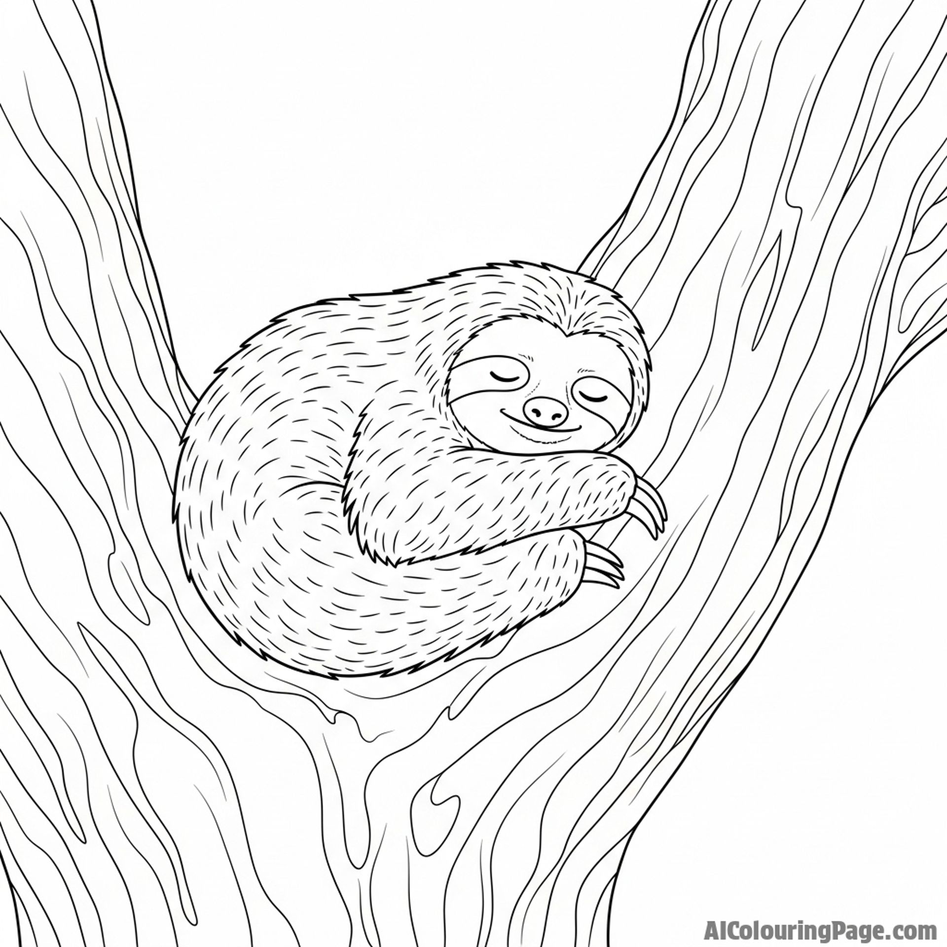 A sloth curled into a perfect ball, fast asleep in the crook of a massive tree.