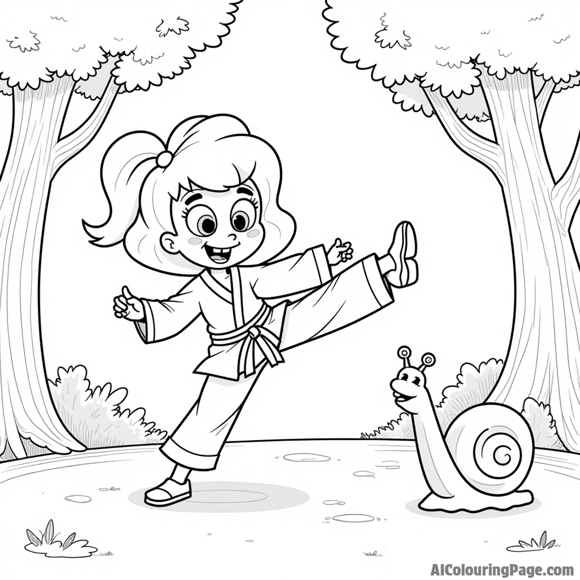 Sandy Cheeks practicing karate with SpongeBob in her treedome, surrounded by trees, science equipment, and her pet snail