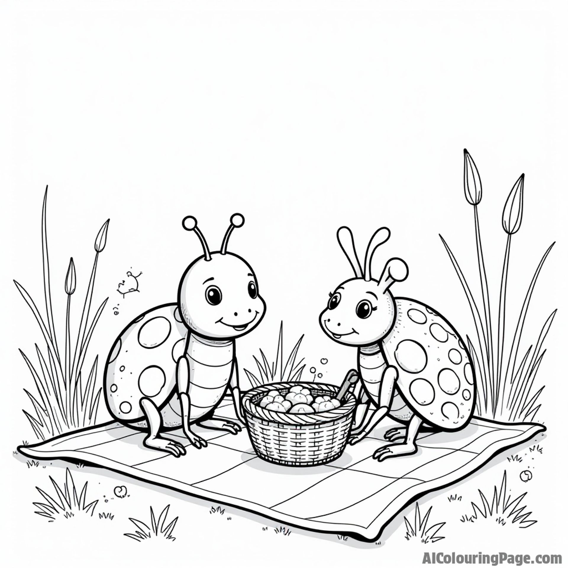 A ladybug and a grasshopper having a picnic on a picnic blanket in the meadow, with a basket of snacks.