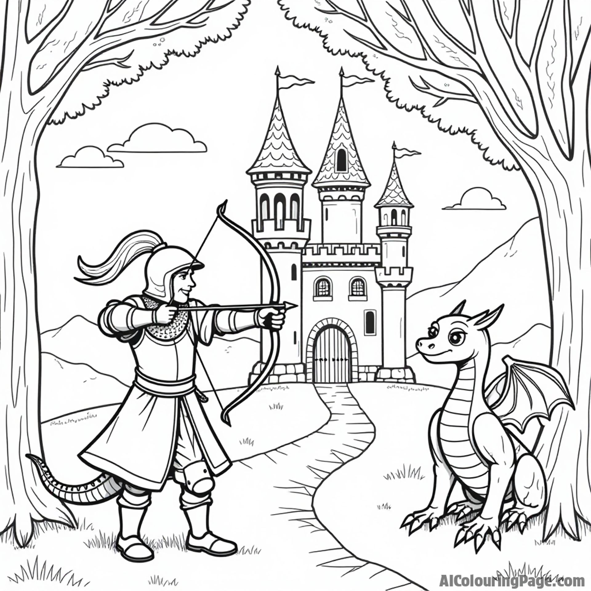 A whimsical castle in the background with a knight practicing archery, holding a bow and arrow, while a dragon curiously watches from behind a tree, creating a magical atmosphere.