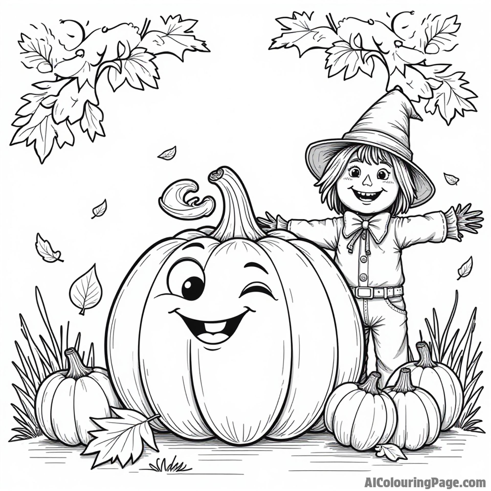 A joyful autumn scene with a happy pumpkin character, a playful scarecrow, and colorful falling leaves swirling around.