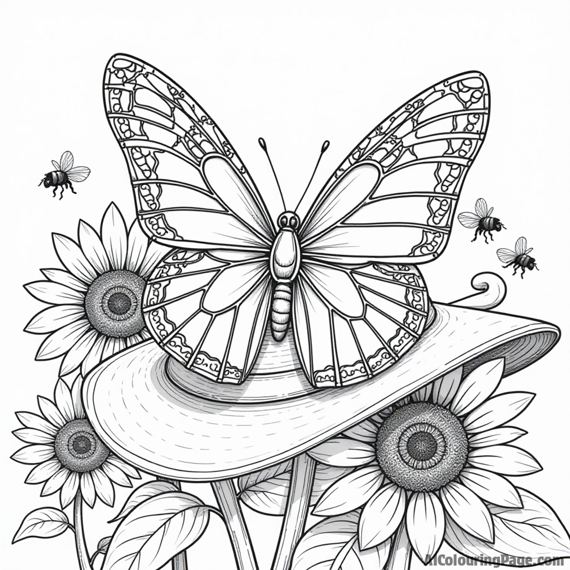 A butterfly with intricate patterns resting on a sunhat, surrounded by sunflowers and buzzing bees, ready for kids to color.