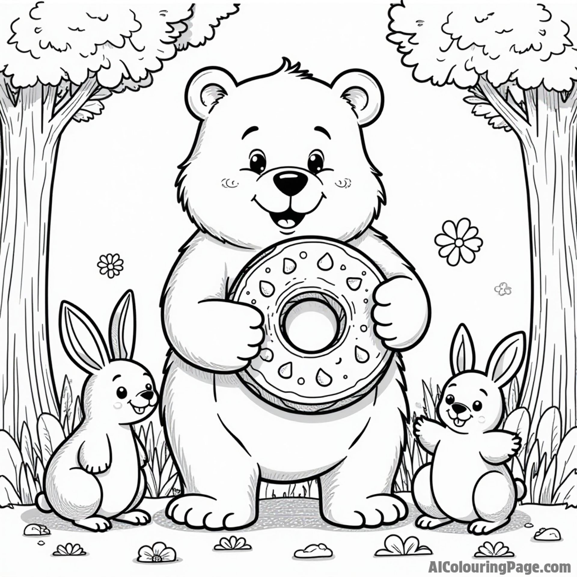 A friendly bear holding a giant donut, surrounded by forest friends like rabbits and birds enjoying a picnic.