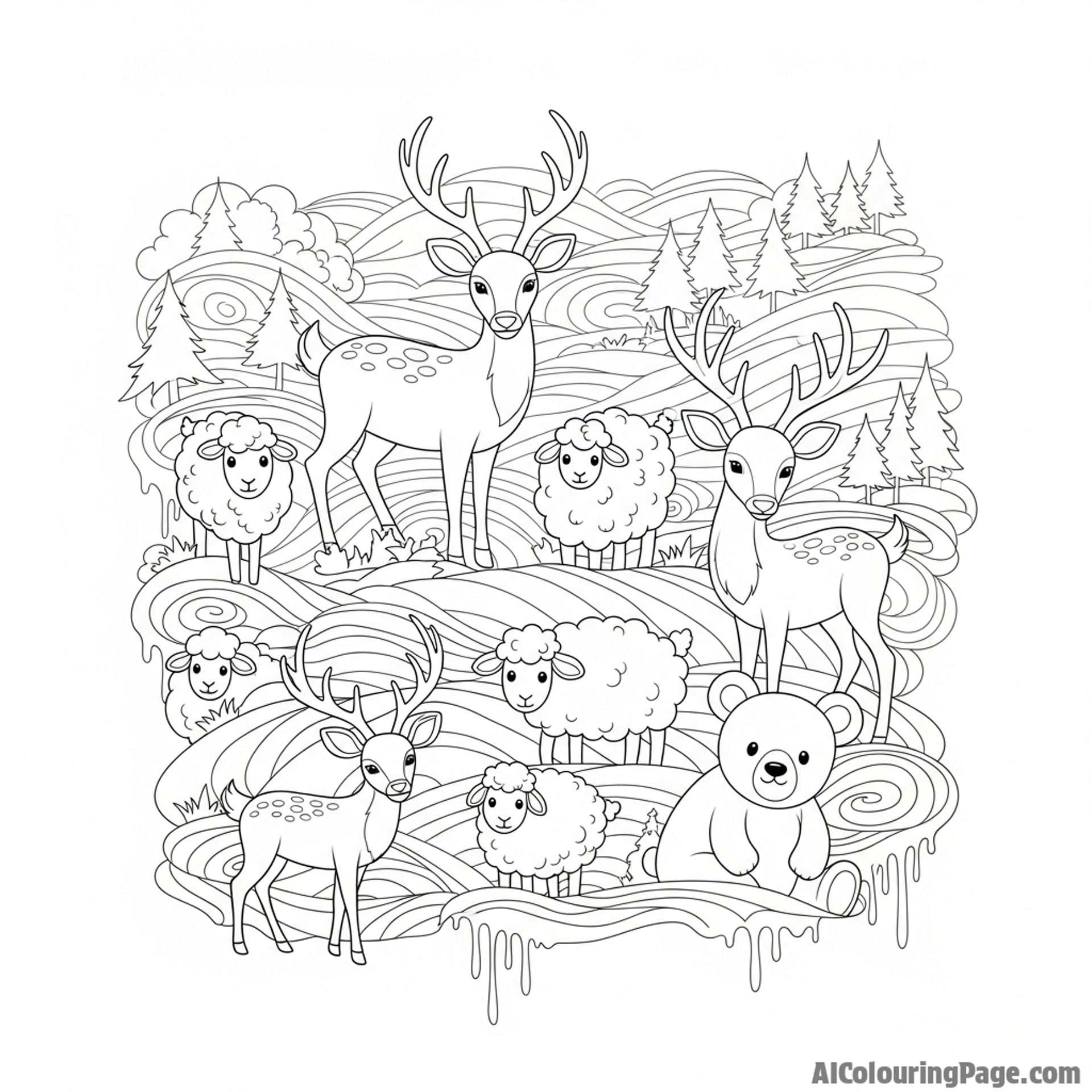 A watercolor painting of a herd in a foggy landscape, with soft, bleeding edges.