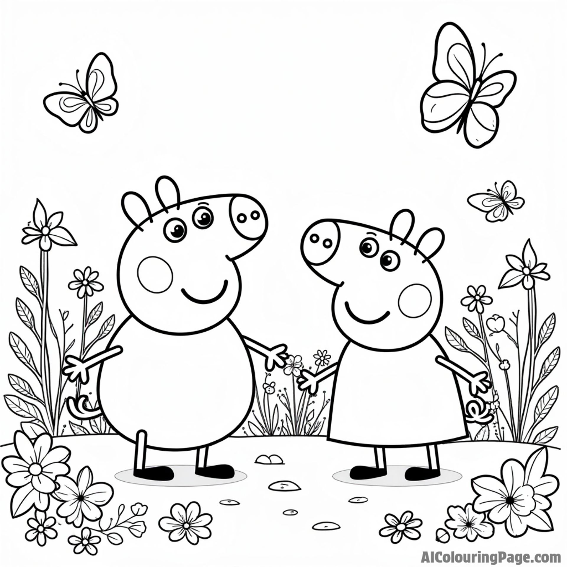 Peppa Pig and George Pig exploring a beautiful garden filled with flowers, butterflies, and a cute little bunny hopping around.