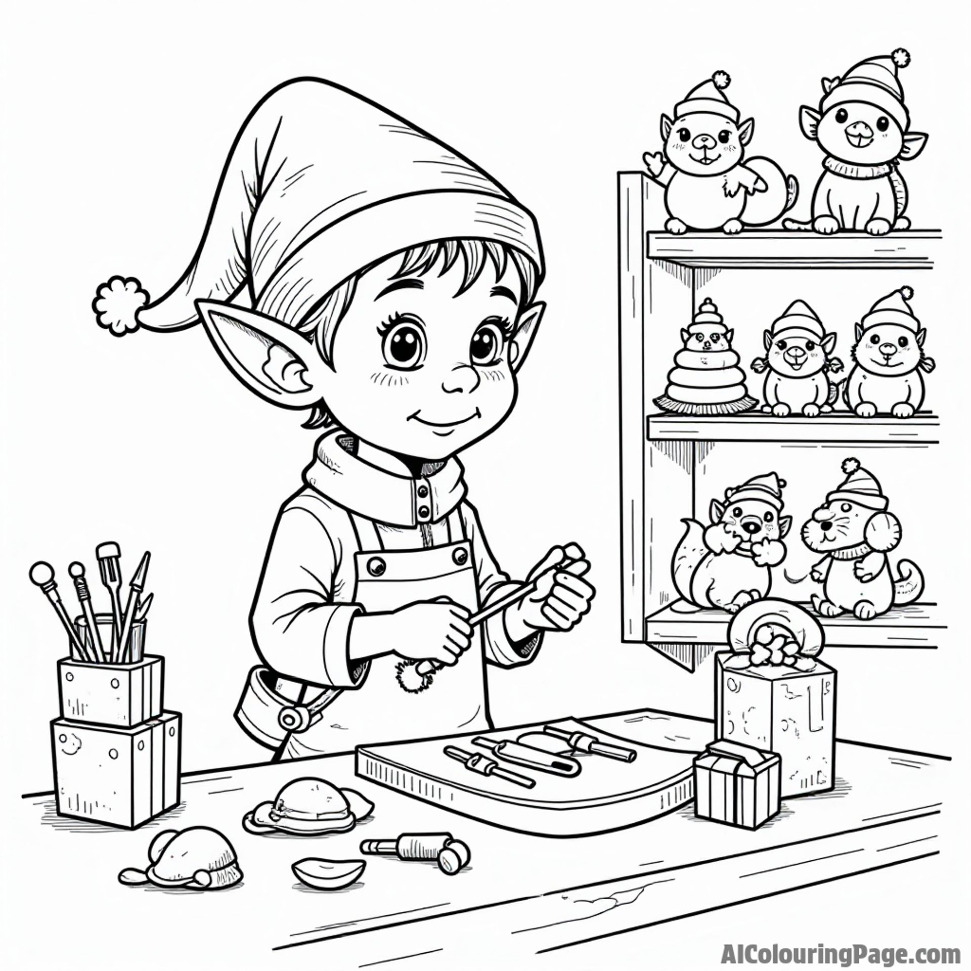 A whimsical elf making toys in a workshop, surrounded by colorful tools and a shelf filled with finished toys ready to gift.