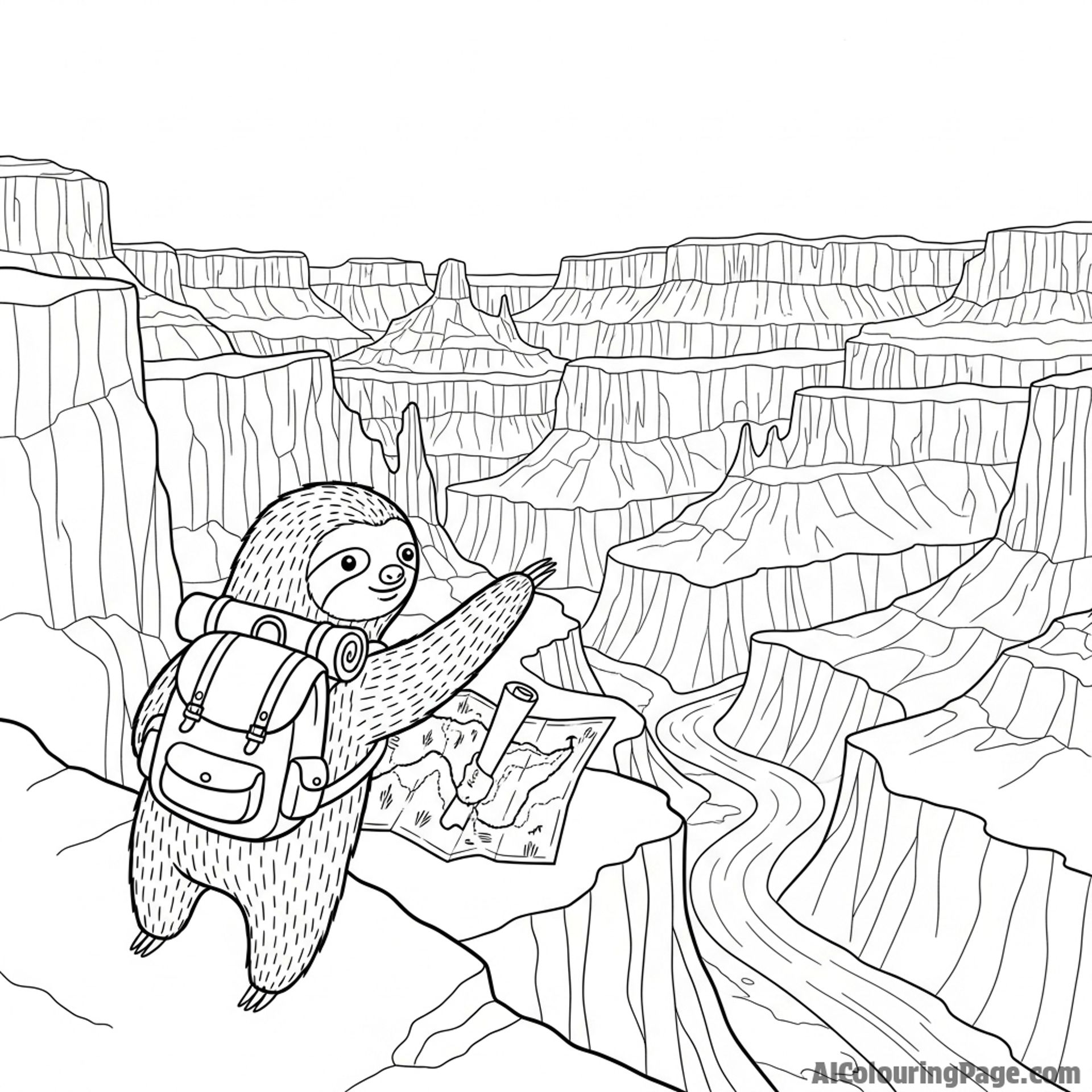 An adventurous sloth with a tiny backpack and map, looking out over a vast canyon.
