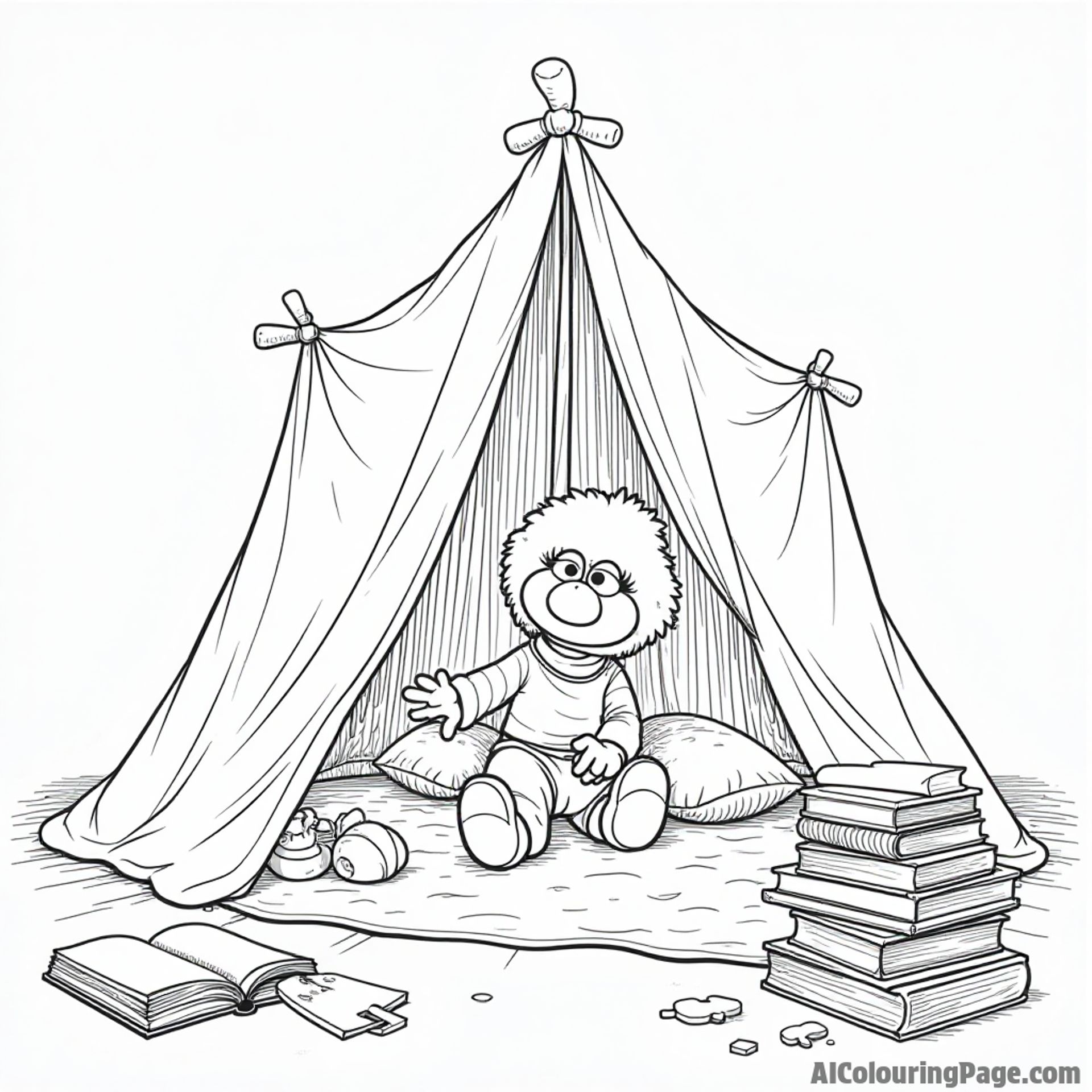 A Muppet baby building a fort with blankets and pillows, surrounded by toys, books, and a cozy reading nook.