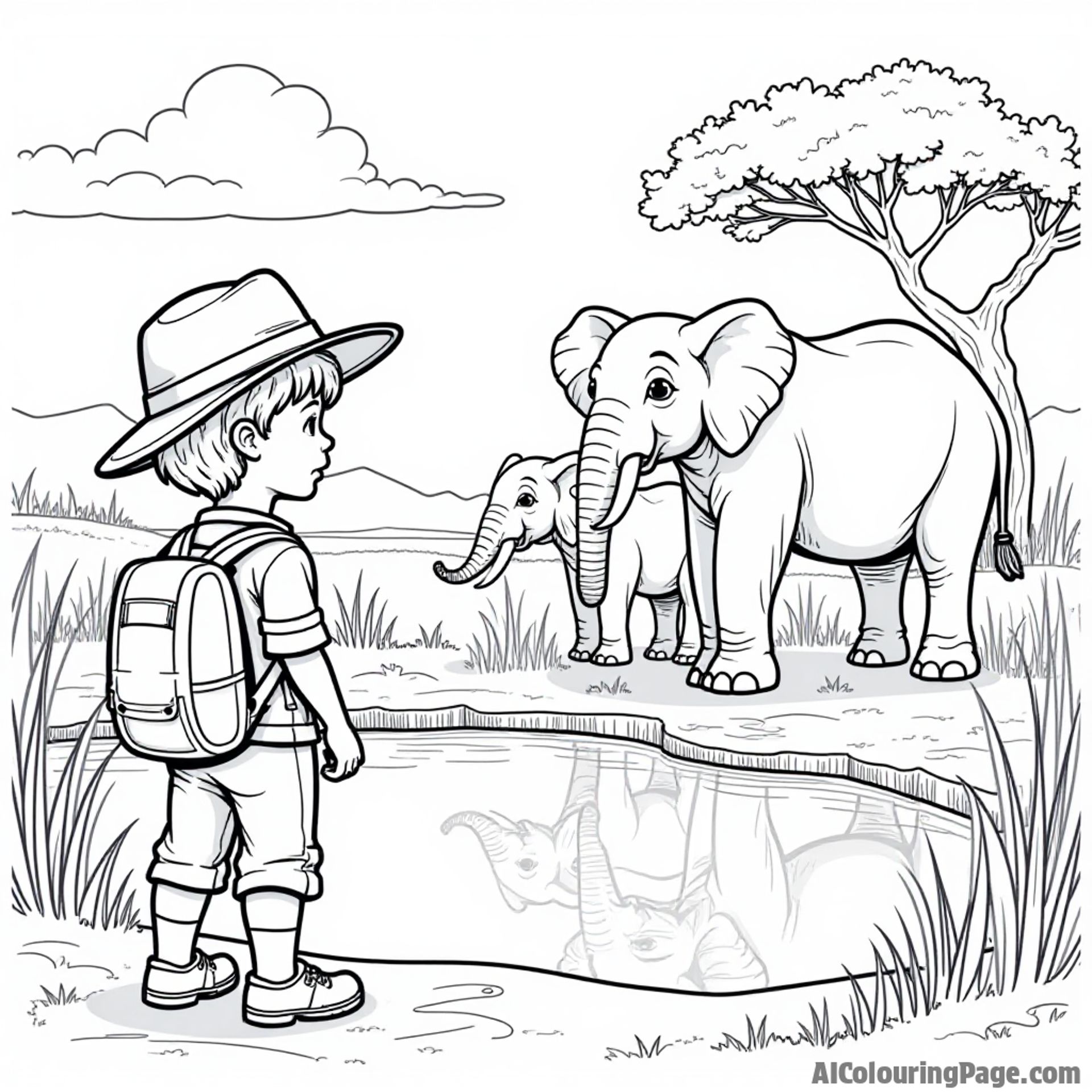 A young explorer in a safari outfit with an explorer hat, observing elephants at a watering hole, with tall grass and acacia trees in the background for a wildlife adventure coloring page.