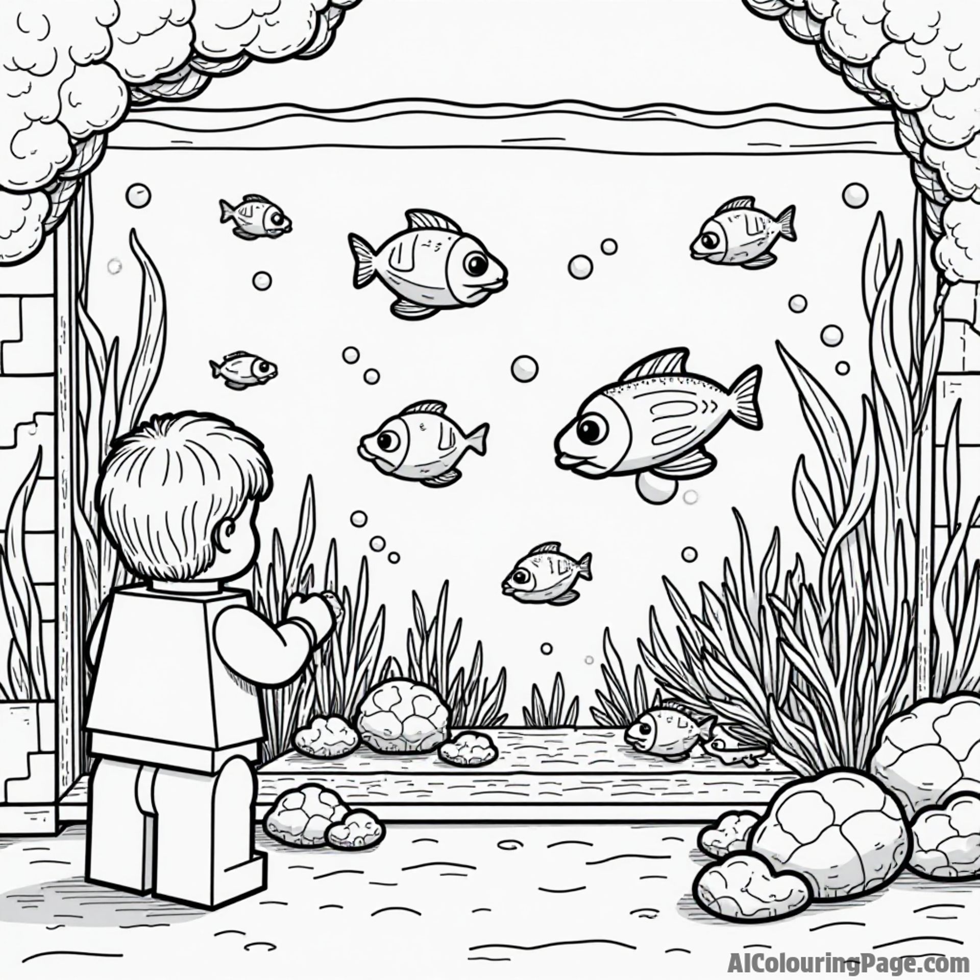A LEGO aquarium with various fish swimming, kids watching through glass, and a diver feeding the sea creatures.
