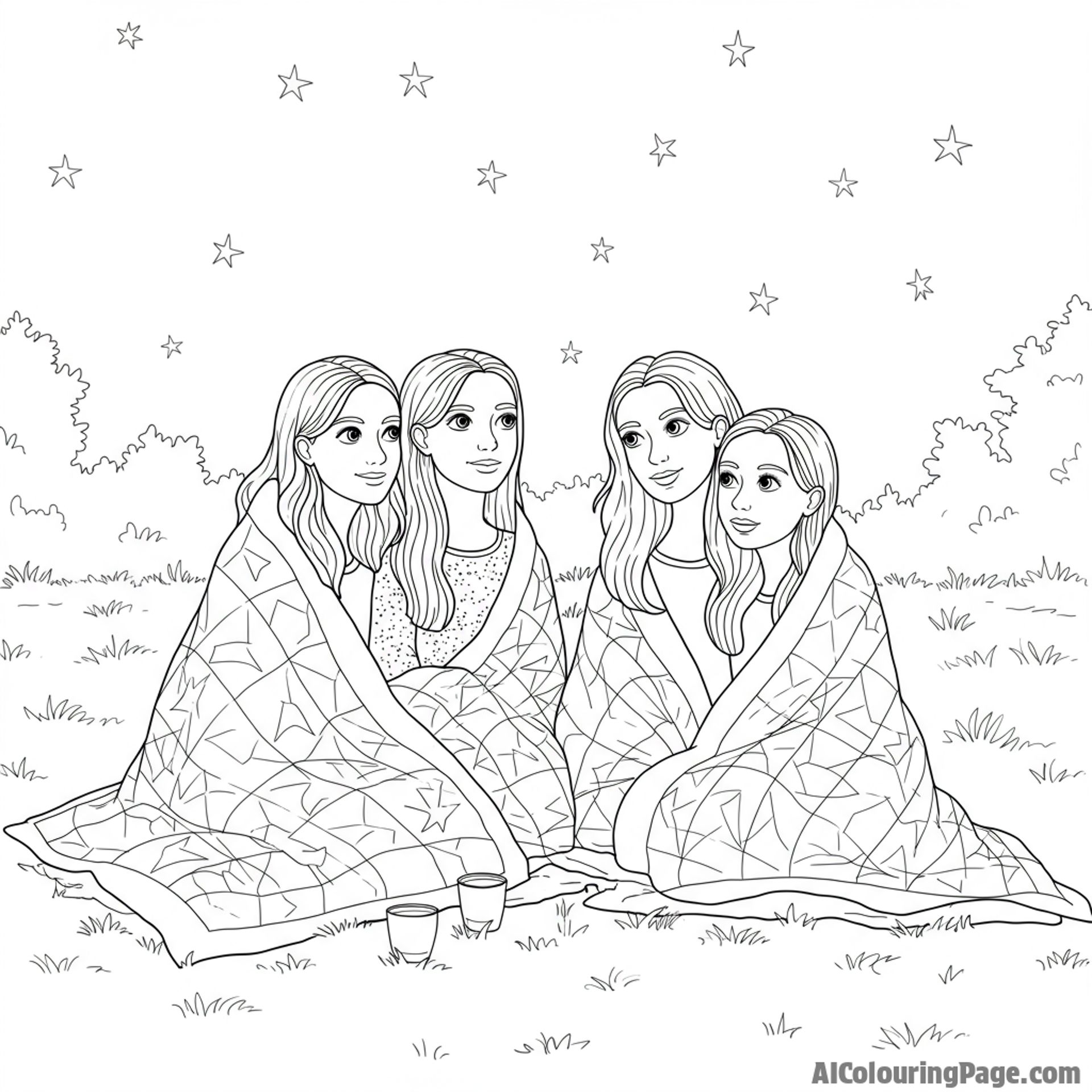 Female companions stargazing on a warm summer night, blankets and whispers.