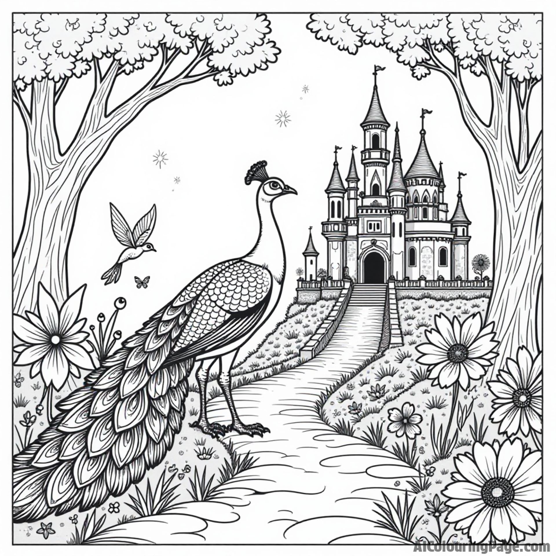 A peacock exploring a magical castle garden filled with fairies, sparkling lights, and enchanted creatures all around