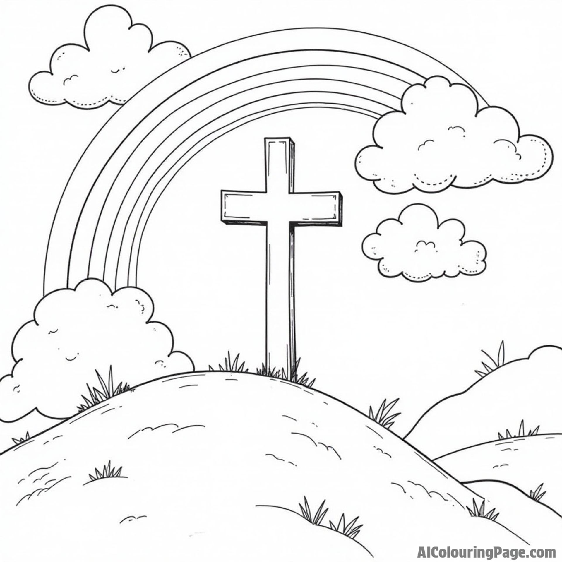 A cross standing on a hilltop, with a rainbow arching across the sky and fluffy clouds floating by for cheerful coloring.