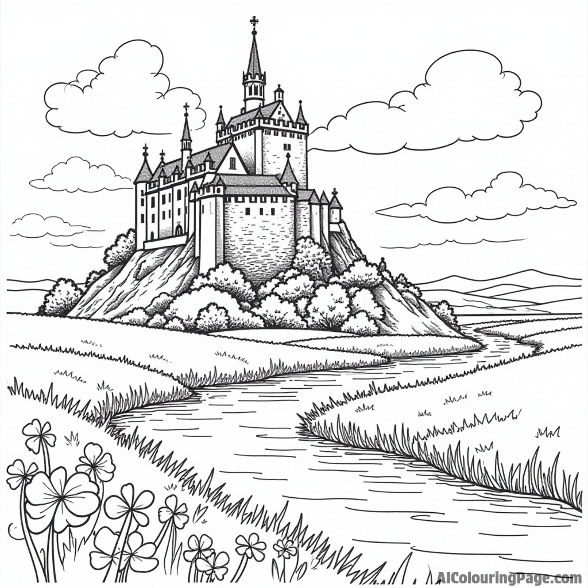 A majestic Irish castle in the background with a flowing river and a field of shamrocks in the foreground.