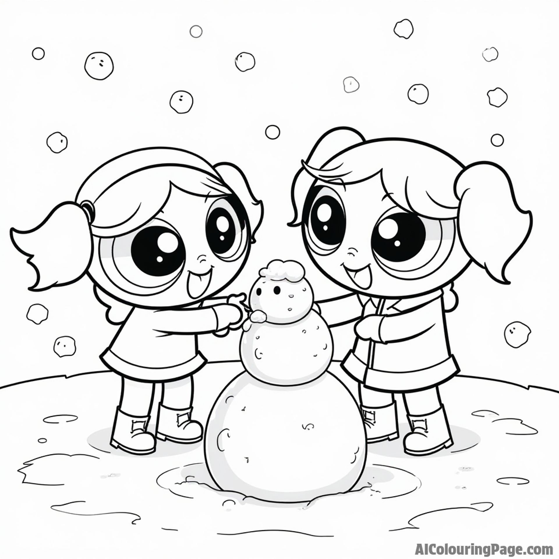 The Powerpuff Girls having a snowball fight, dressed in winter coats, with a snowman built nearby and snowflakes falling