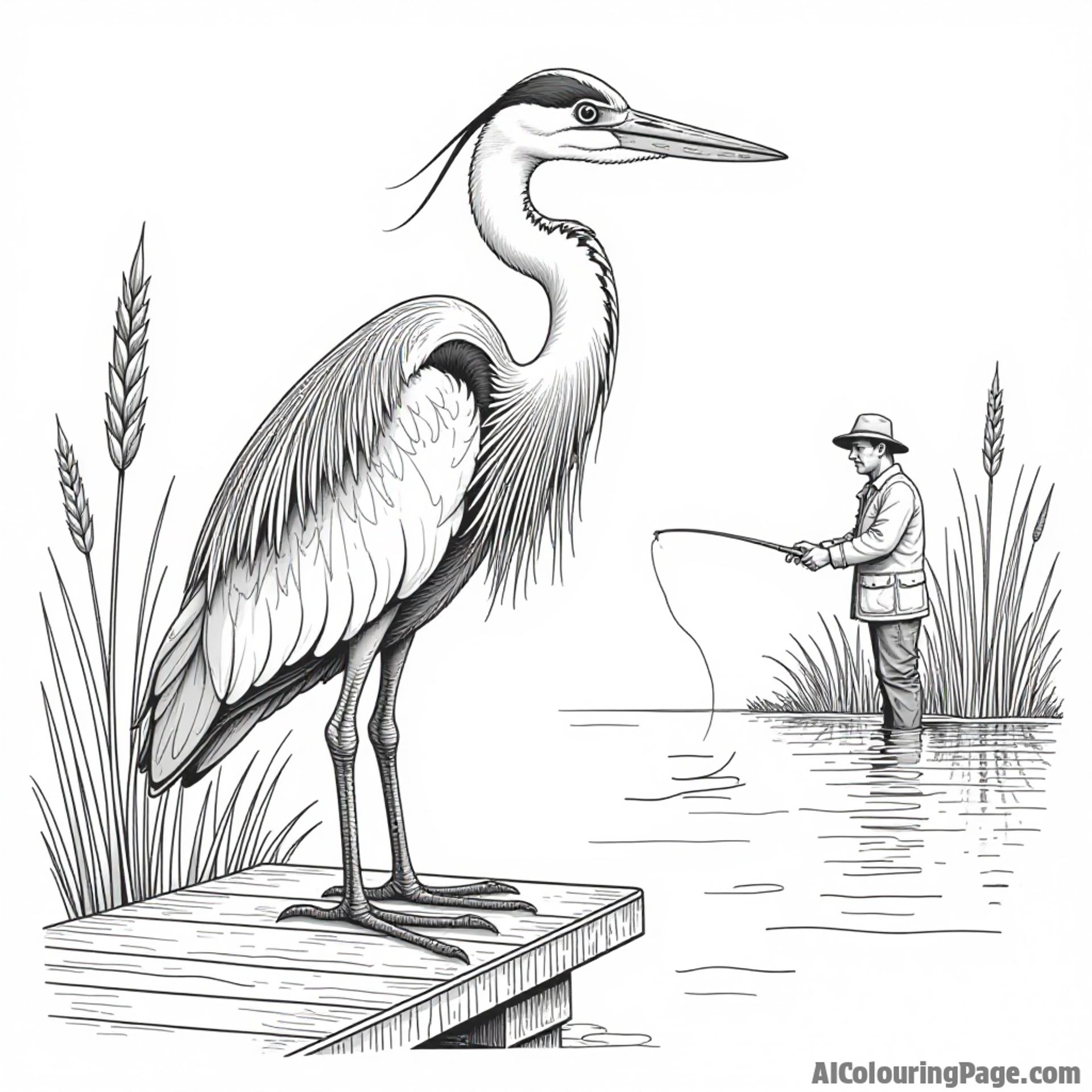 A majestic blue heron standing on a dock, with a fisherman casting a line and tall grasses swaying gently.