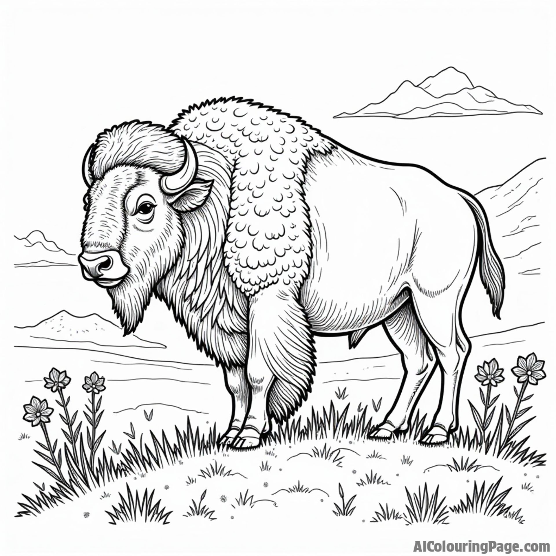 A bison standing majestically on a grassy hill, surrounded by wildflowers and a clear sky in Wyoming.