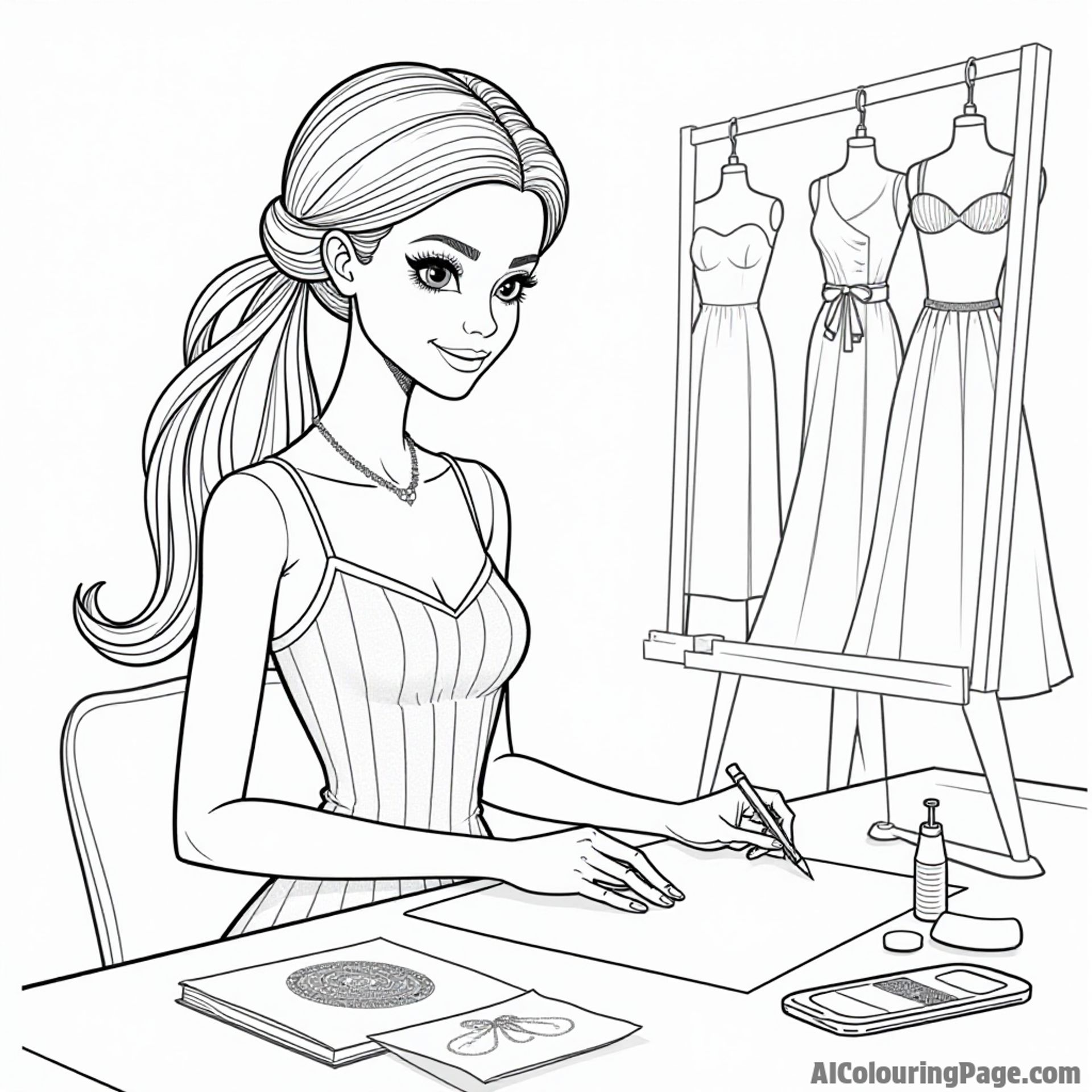 Barbie as a fashion designer in her studio, sketching dresses on paper, with fabric swatches and sewing tools around her.