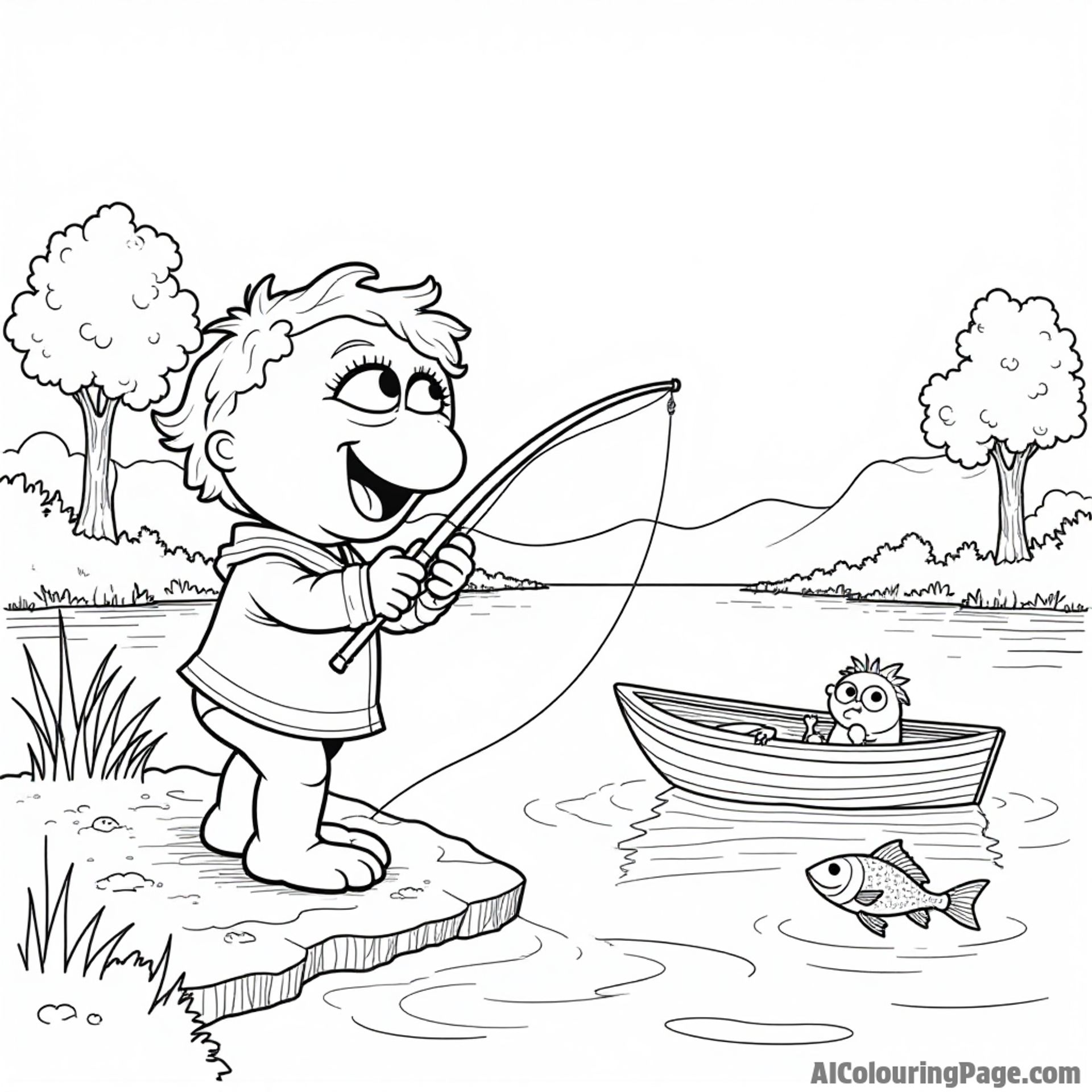 A Muppet baby fishing by a serene lake, with a fishing rod, a small boat, and jumping fish in the water.