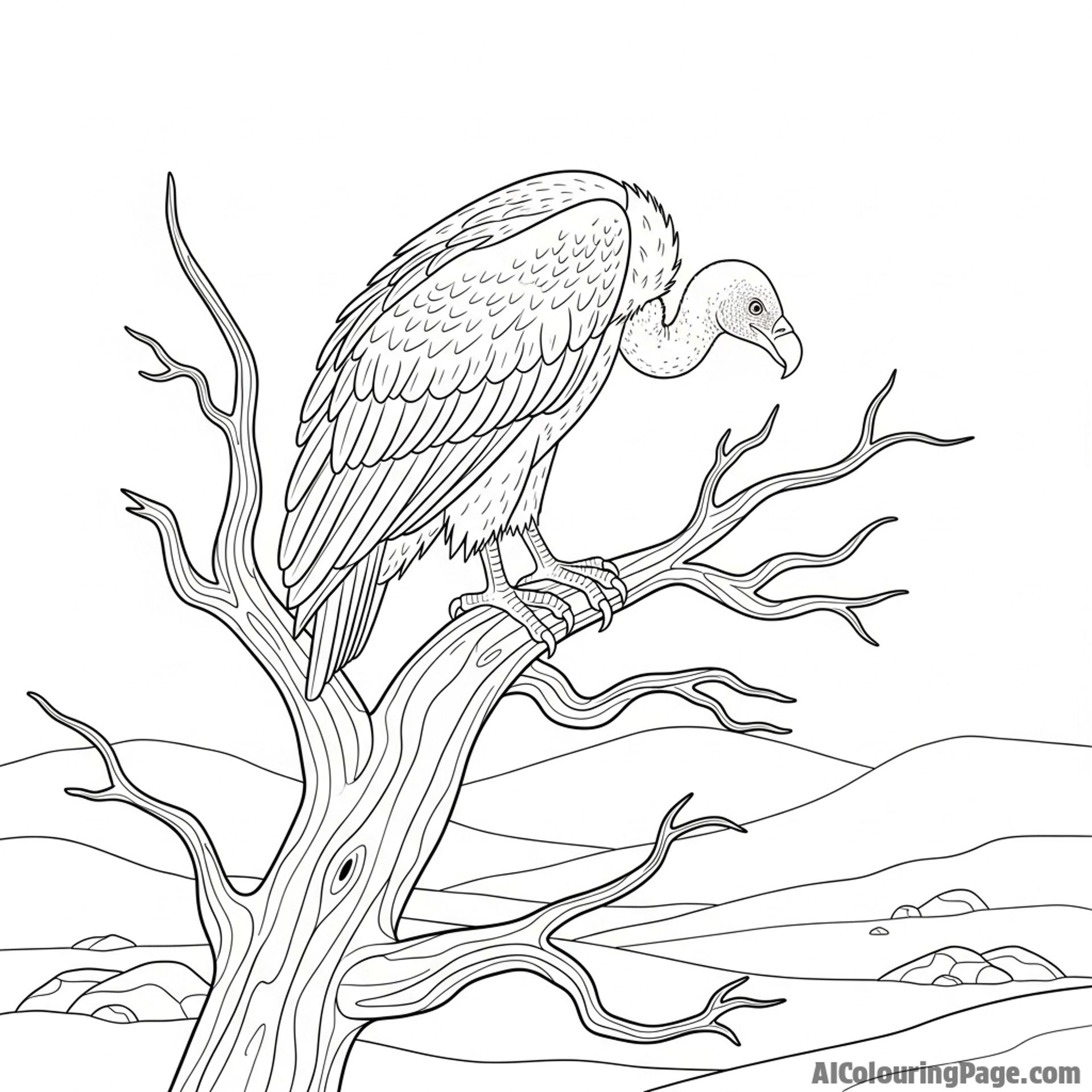 A vulture perched on a dead tree, surveying the landscape below