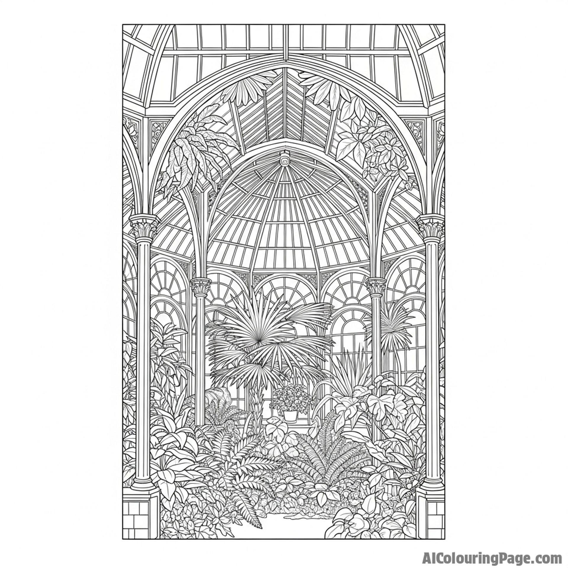 A Victorian-era conservatory with exotic plants.