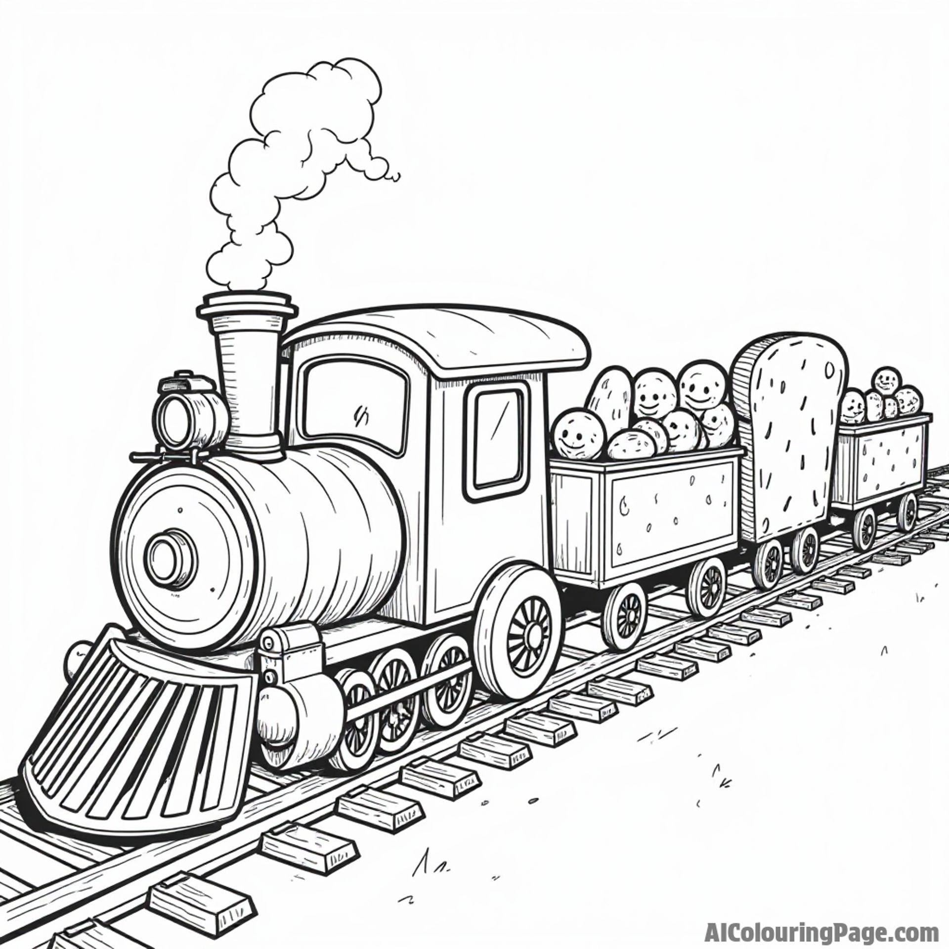 A whimsical bread train chugging along a track made of pretzel twists, with passengers made of different bread characters.