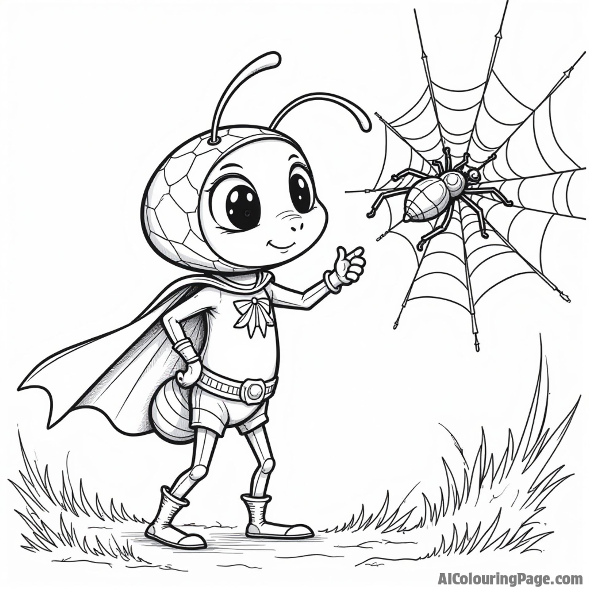 A playful ant in a superhero costume rescuing a bug from a spider web, encouraging bravery and creativity in coloring.