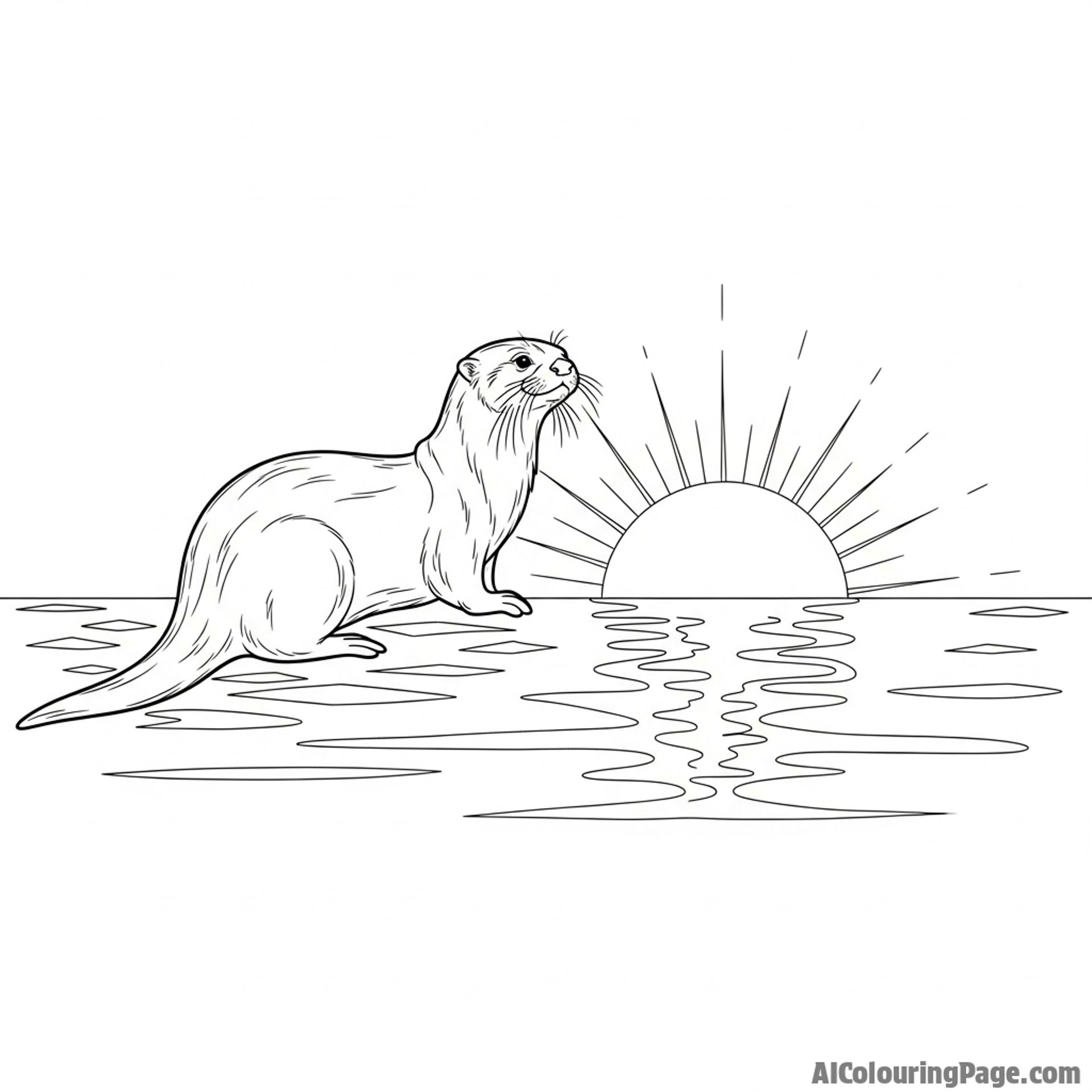 The silhouette of an otter against a bright, shimmering sunset over the water.