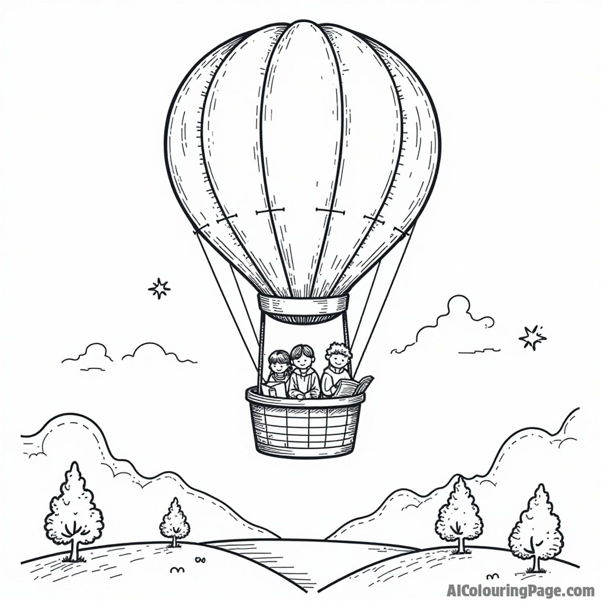 A cozy hot air balloon filled with books, floating above a library with children reading below, inspiring young explorers to color their literary adventure.