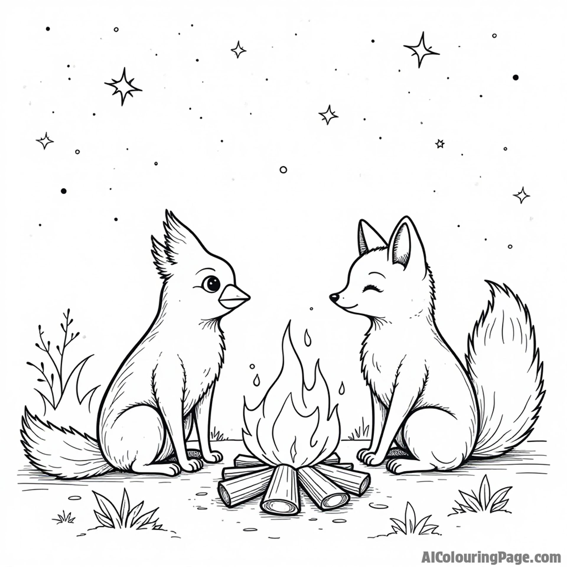 A cardinal and a fox sharing a story by the campfire, with stars twinkling in the night sky for cozy coloring fun.