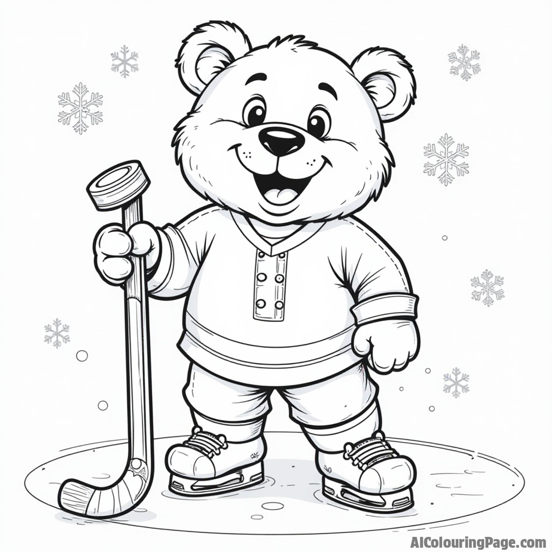 A friendly hockey mascot, a bear, holding a hockey stick and puck, standing on an ice rink with snowflakes, ready for kids to color.