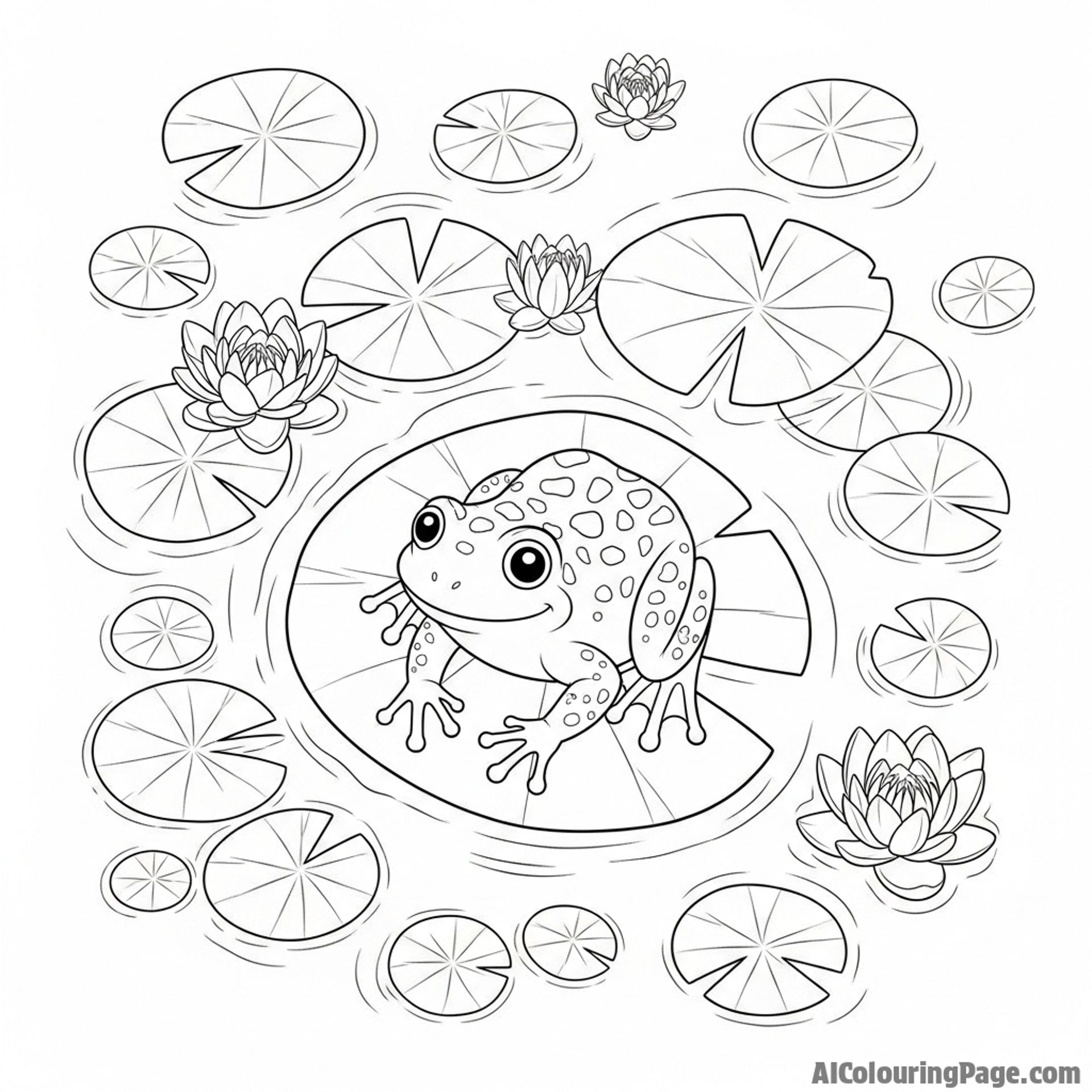 A top-down view of a frog on a lily pad in a pond full of them.